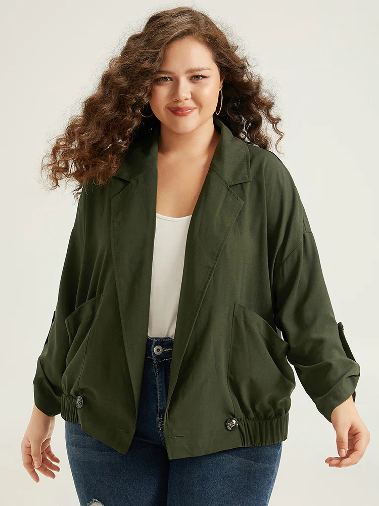 Lapel Collar Solid Gathered Tab Sleeve Jacket - Image 4