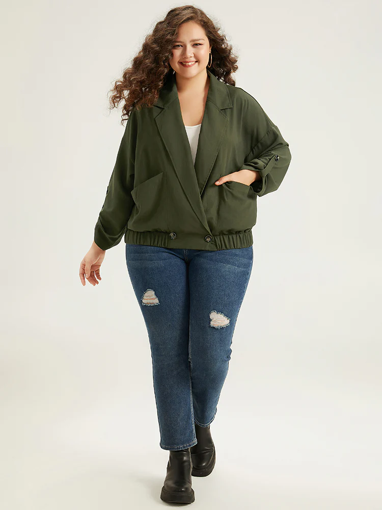 Lapel Collar Solid Gathered Tab Sleeve Jacket - Image 5