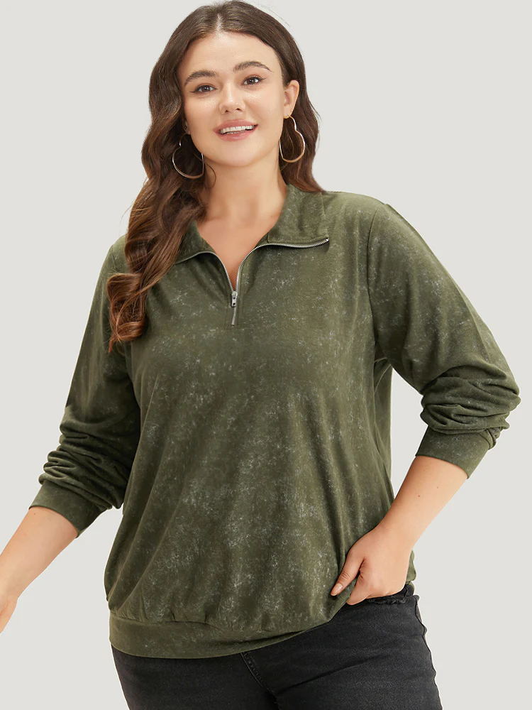 Lapel Collar Zipper Elastic Hem Sweatshirt - Image 2