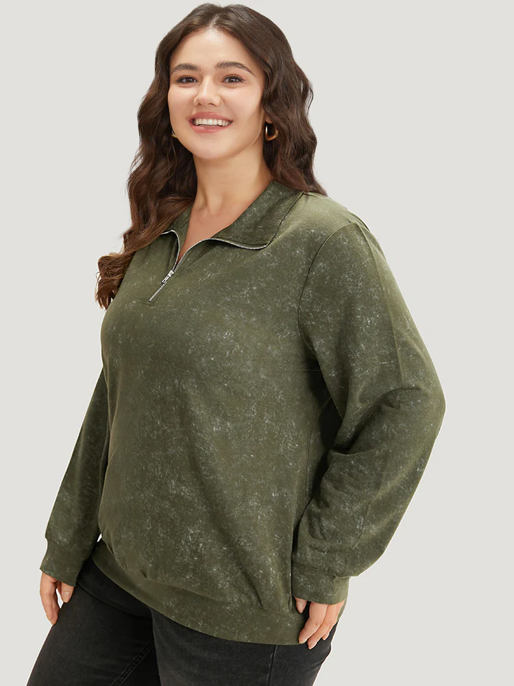 Lapel Collar Zipper Elastic Hem Sweatshirt - Image 3