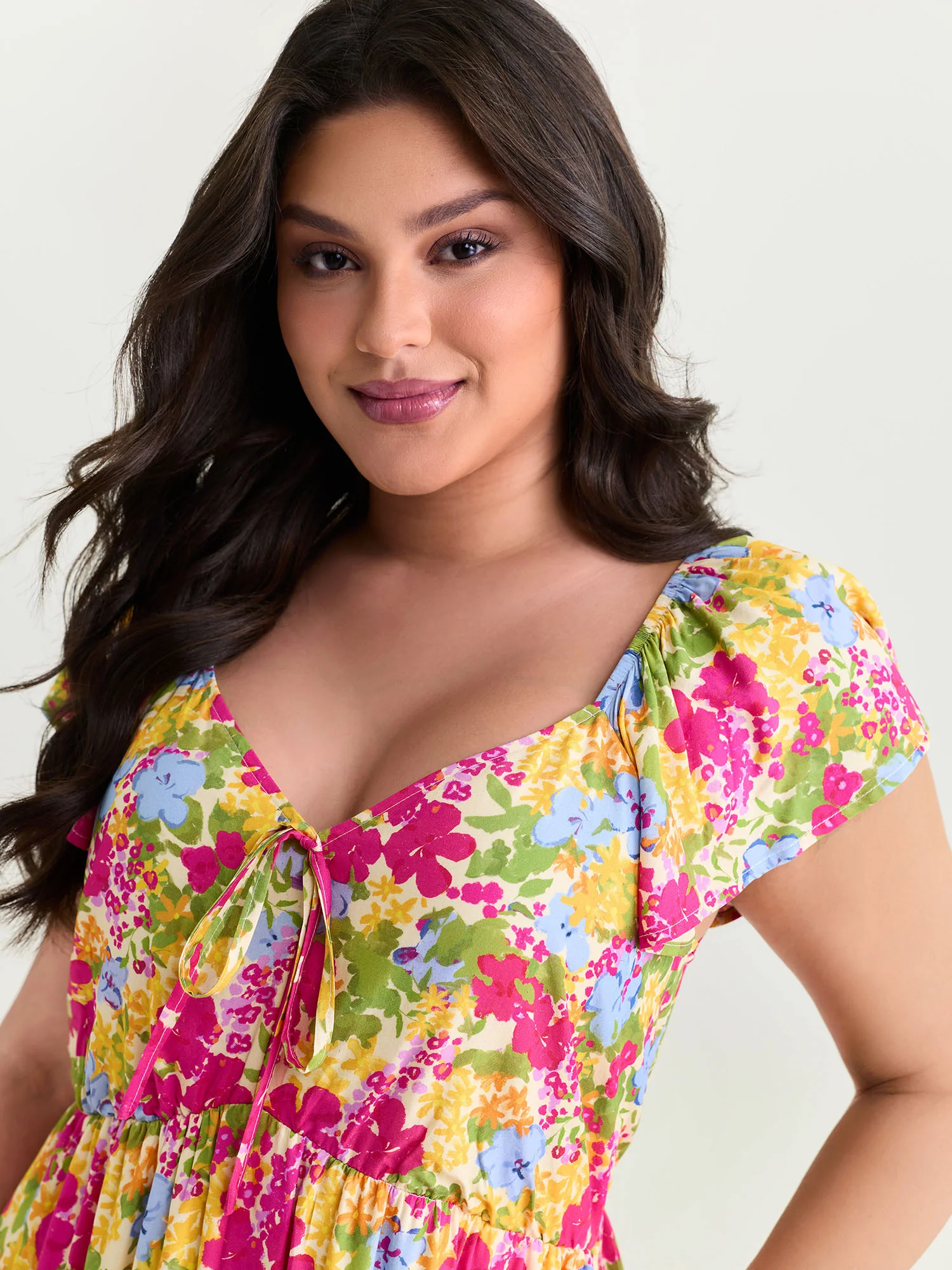 Large Floral Print Drawstring Bodice Midi Dress - Image 2