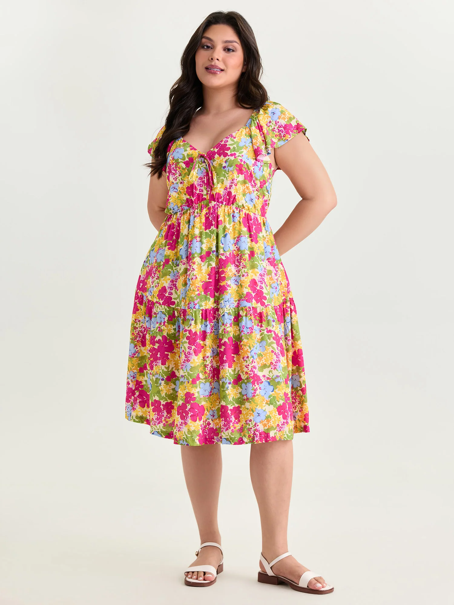 Large Floral Print Drawstring Bodice Midi Dress - Image 3