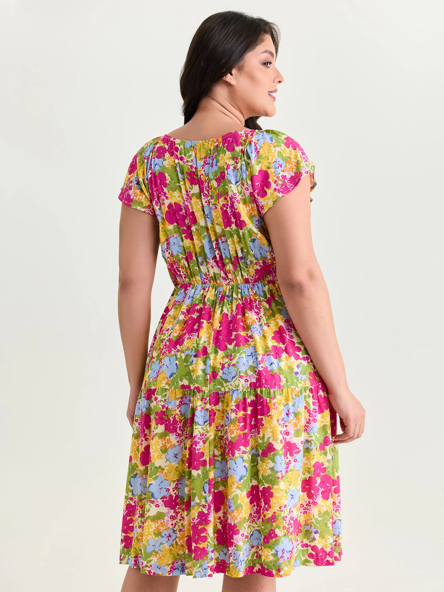 Large Floral Print Drawstring Bodice Midi Dress - Image 4