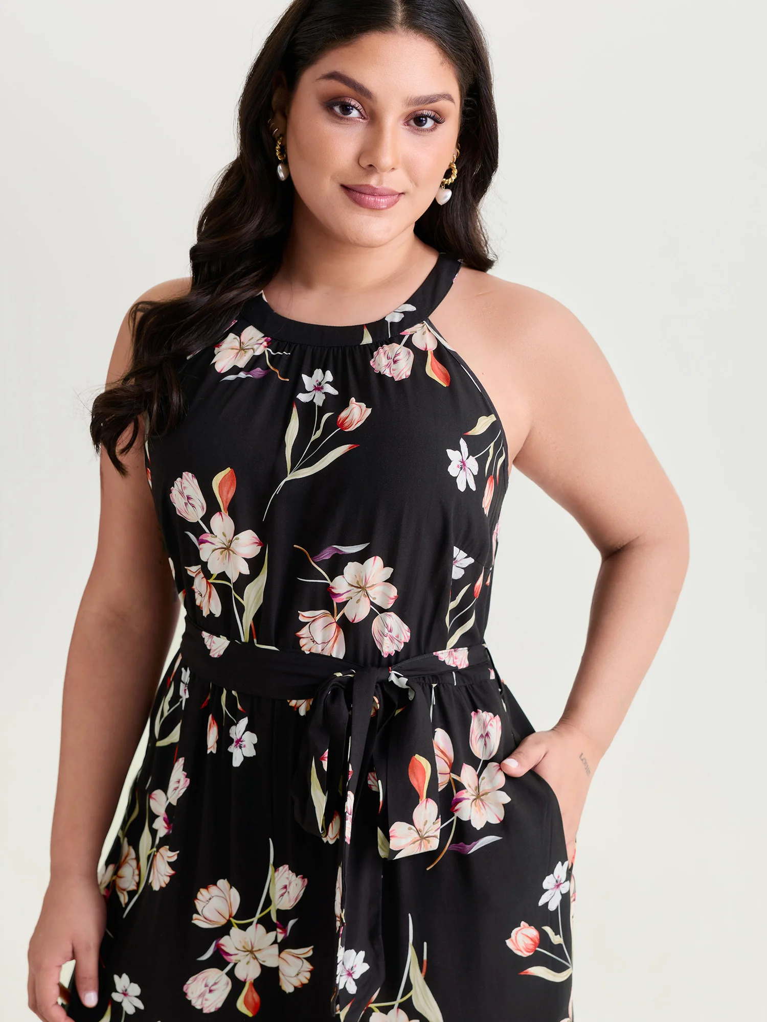Large Floral Print Halter Neckline Jumpsuit - Image 2