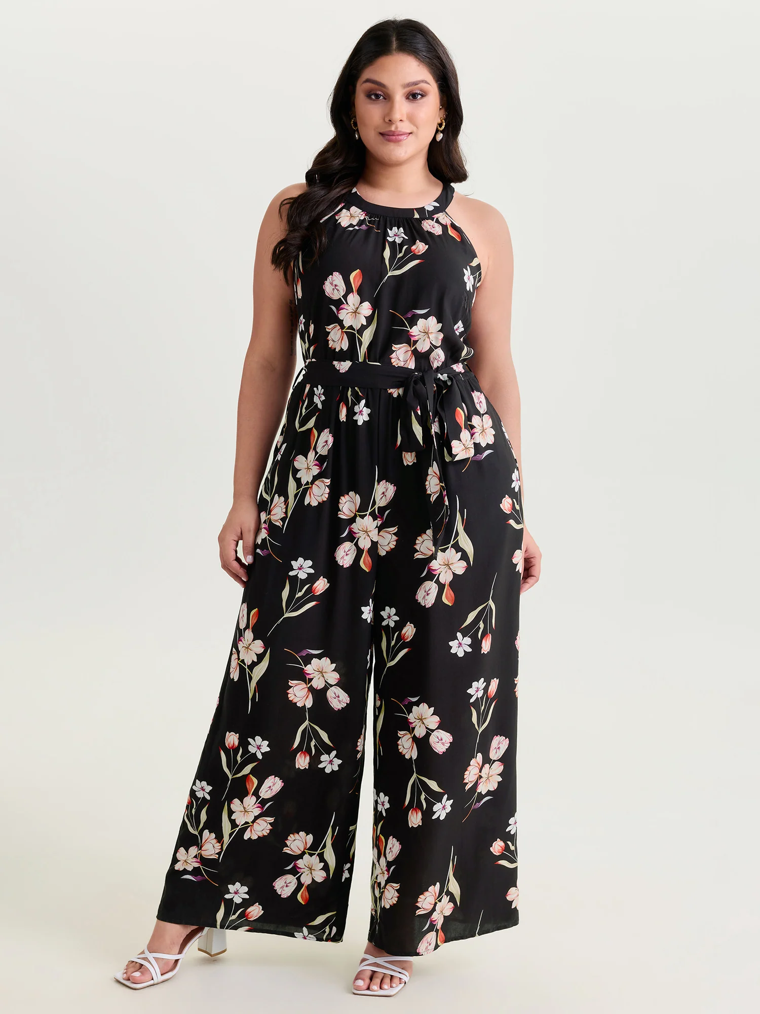 Large Floral Print Halter Neckline Jumpsuit - Image 3
