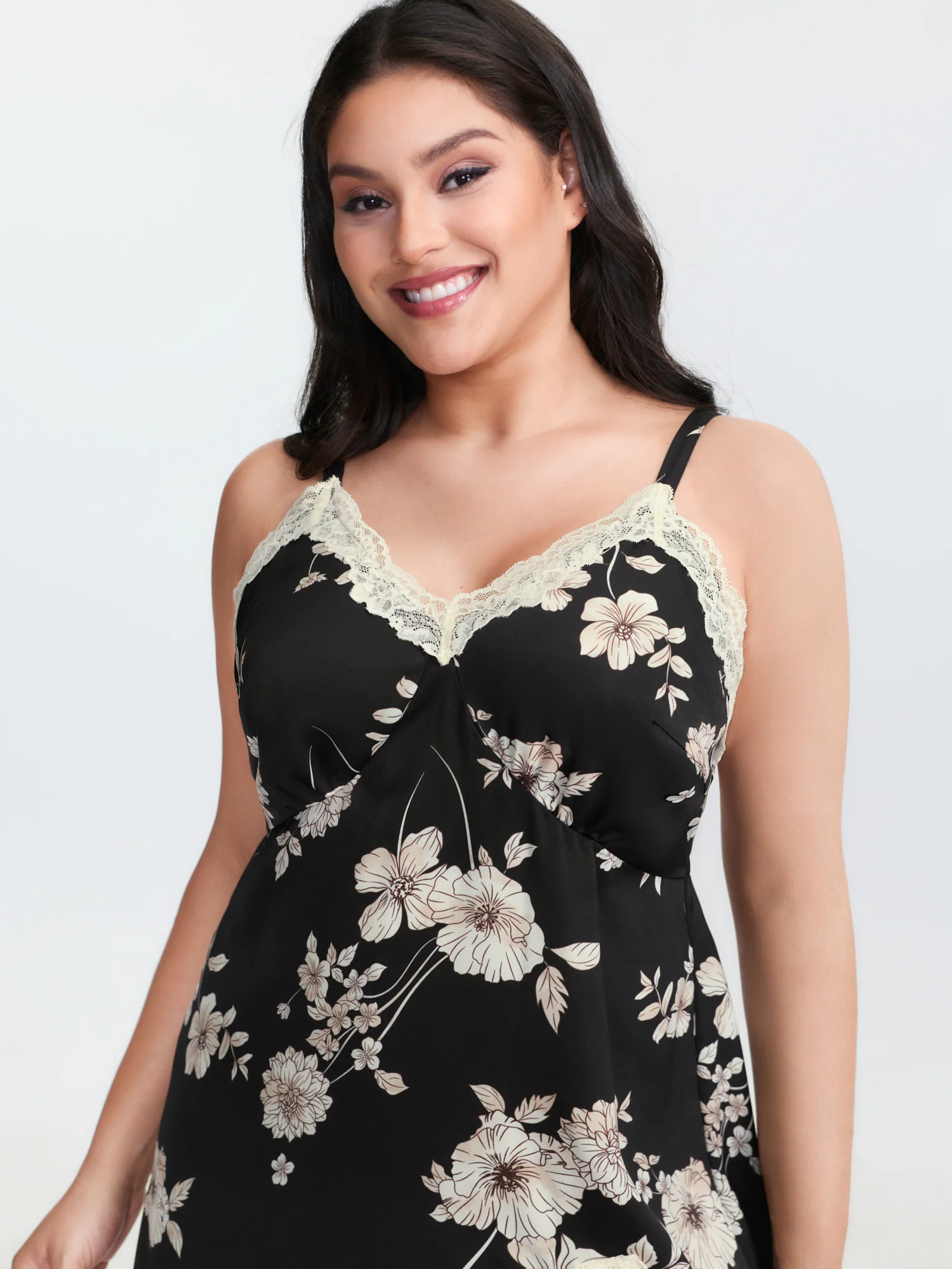 Floral Print Deep Lace Neckline Nightgown - Image 2