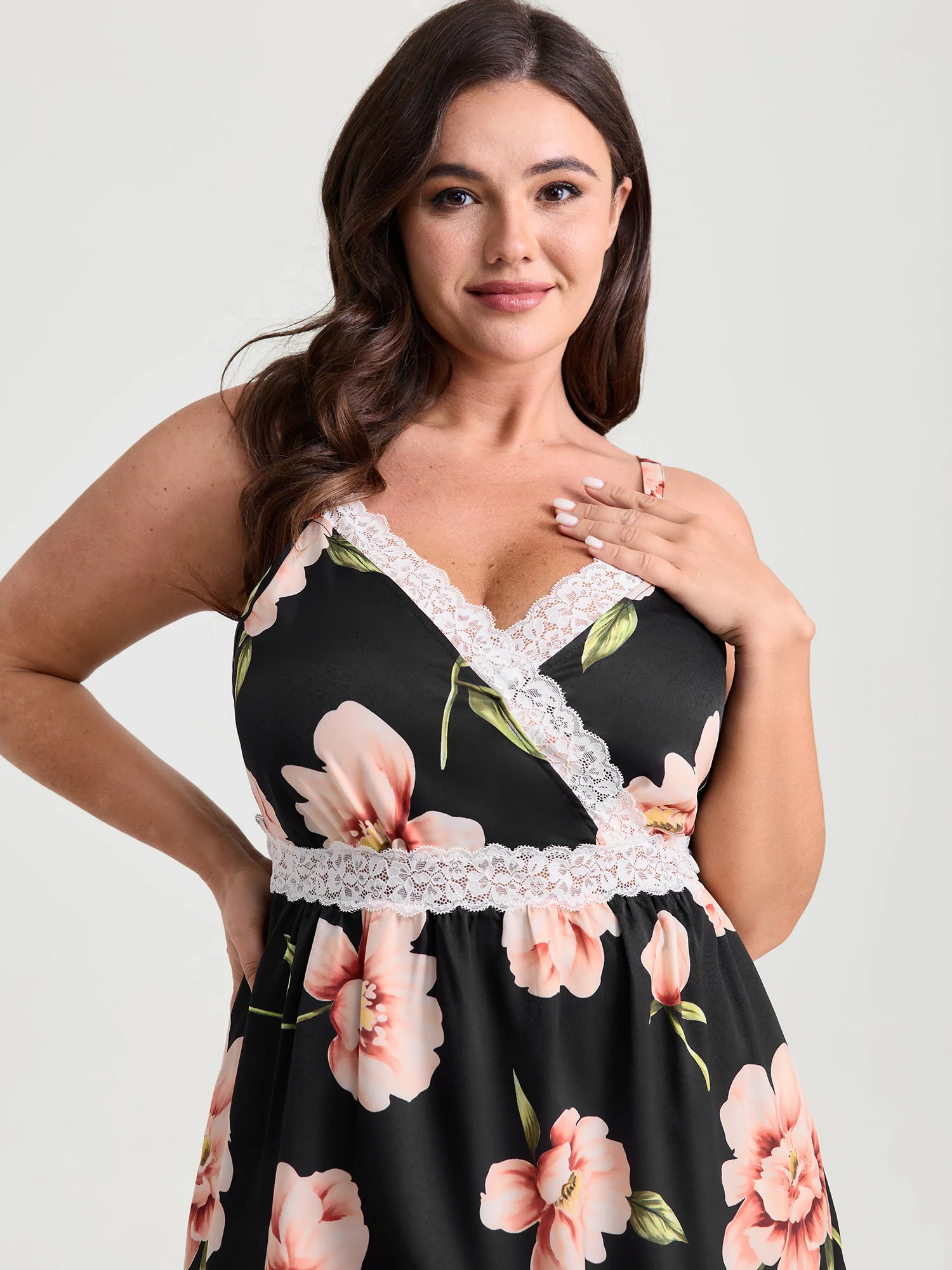 Breezy Floral Print Surplice Lace Neckline Nightgown - Image 2