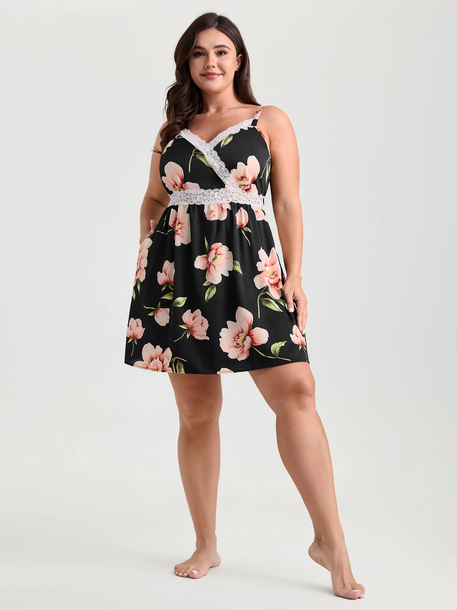 Breezy Floral Print Surplice Lace Neckline Nightgown - Image 3