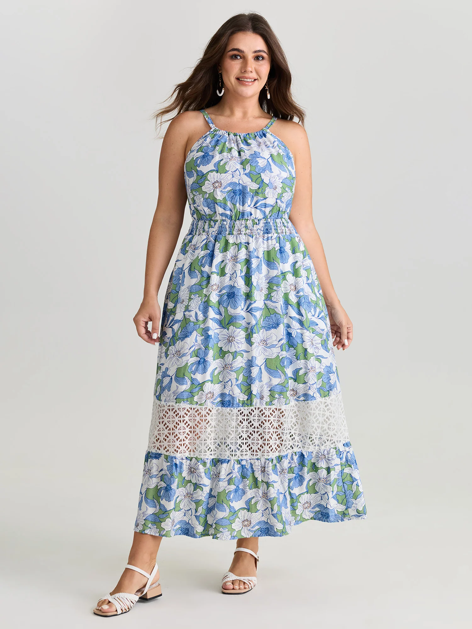 Large Floral Print Lace Trim Midi Dress - Image 3