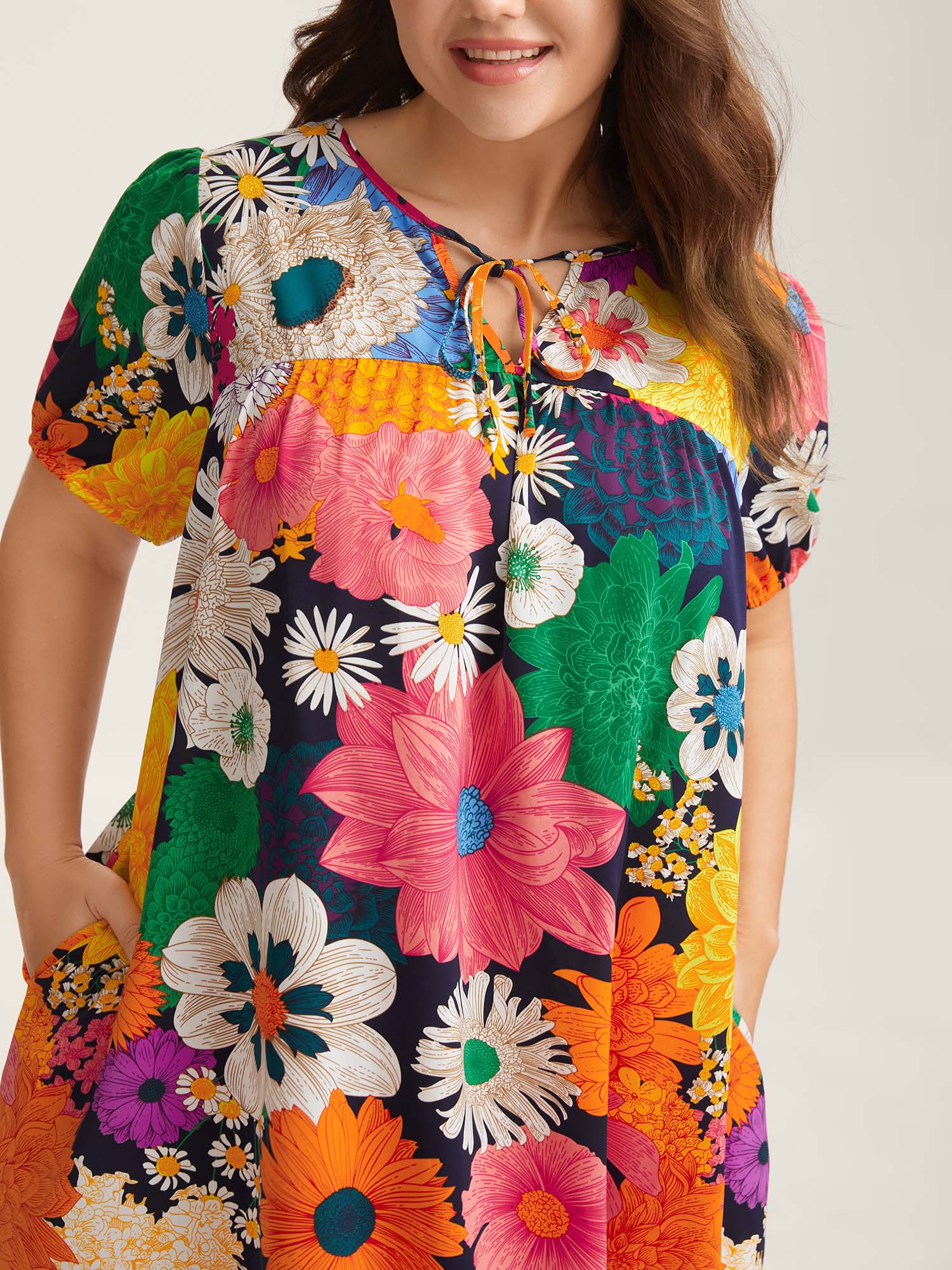 Large Floral Print Neck Tie Mini Dress - Image 2