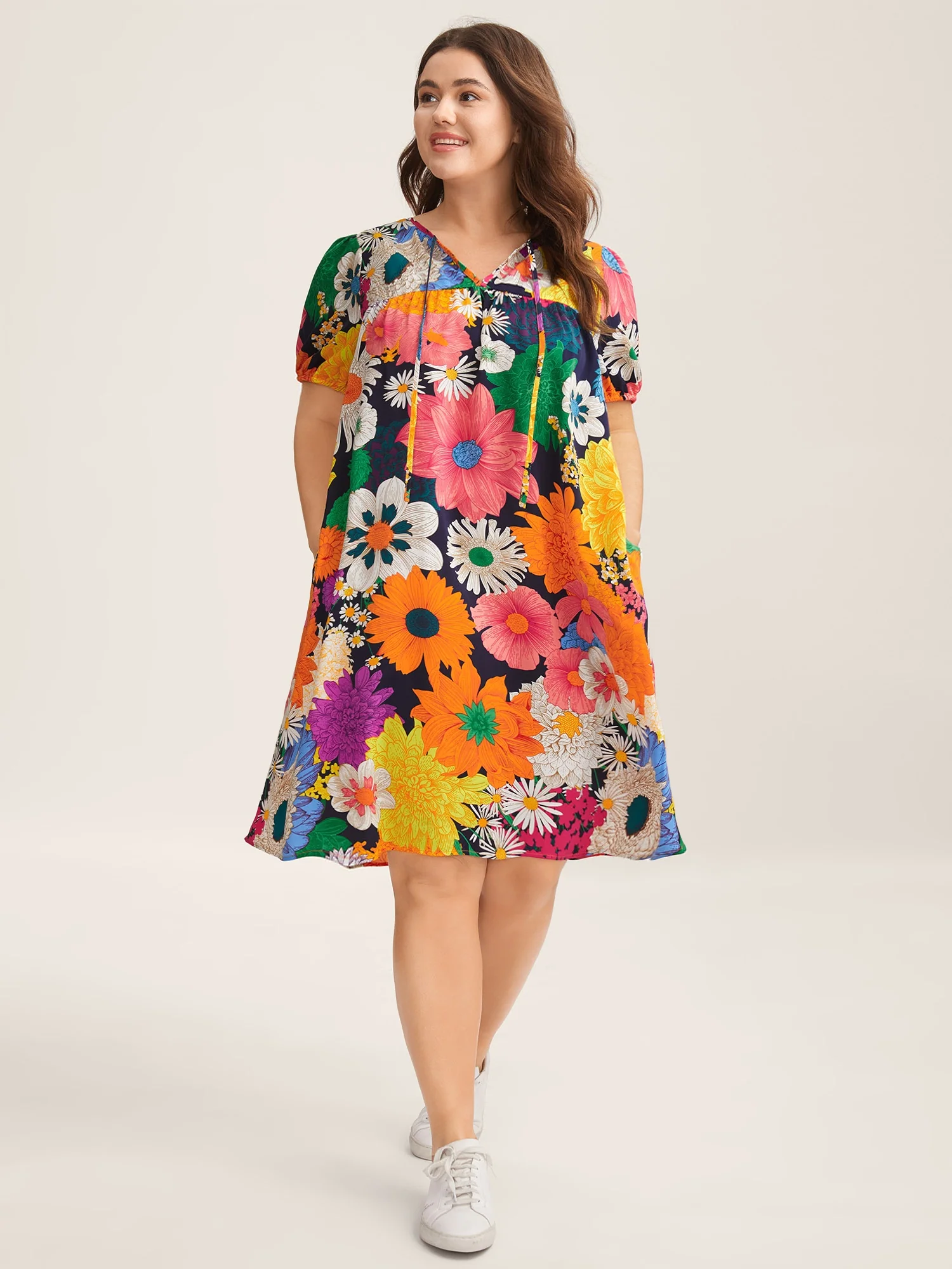 Large Floral Print Neck Tie Mini Dress - Image 3