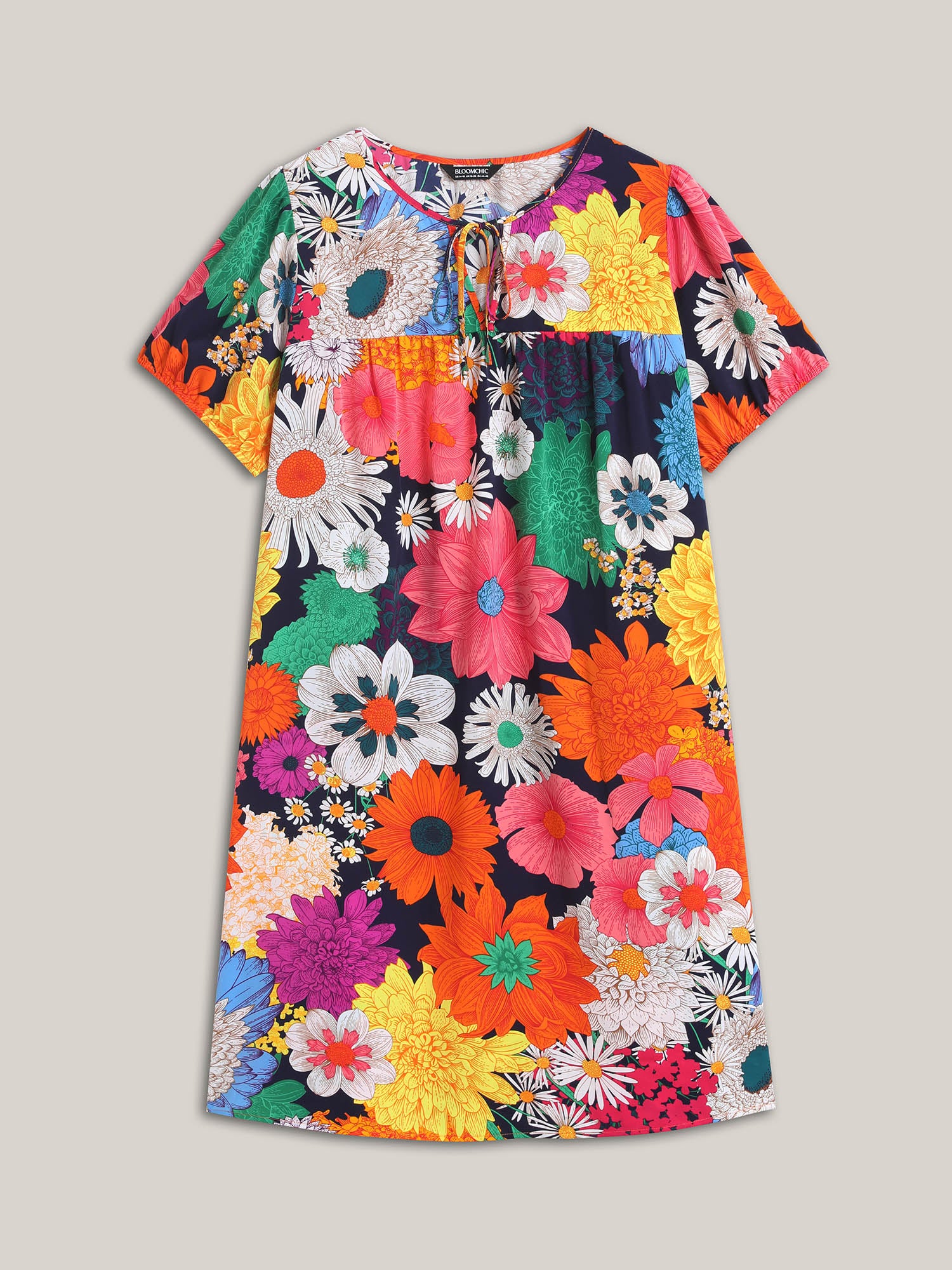 Large Floral Print Neck Tie Mini Dress - Image 6