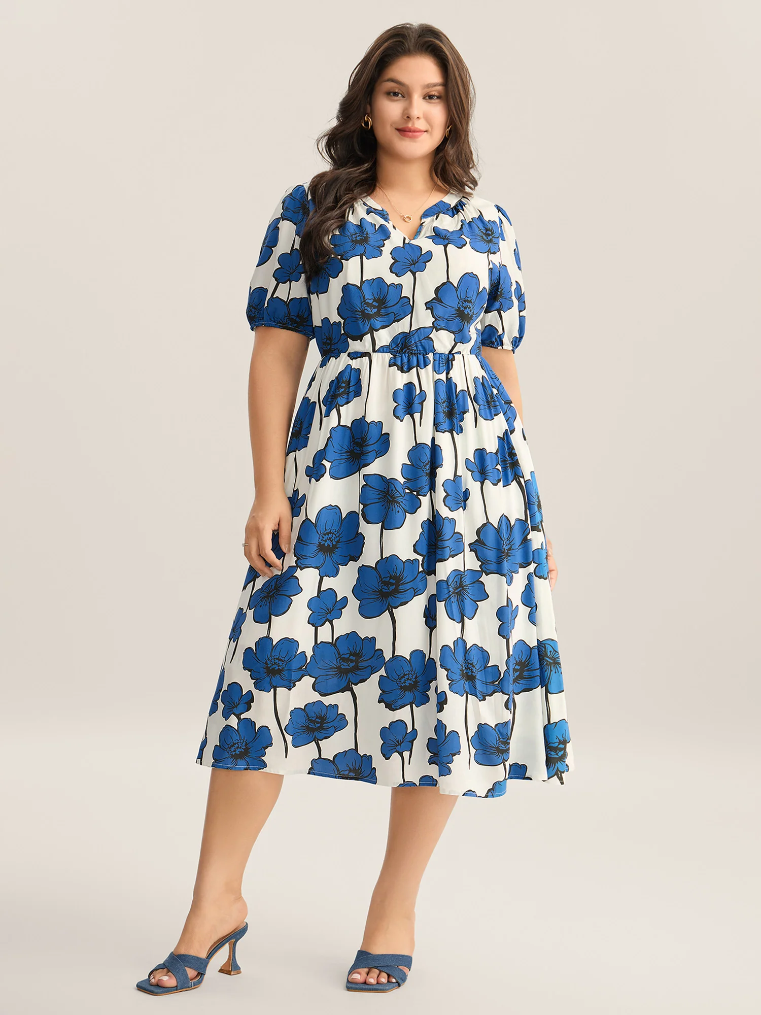Large Floral Print Notched Collar Midi Dress - Image 2