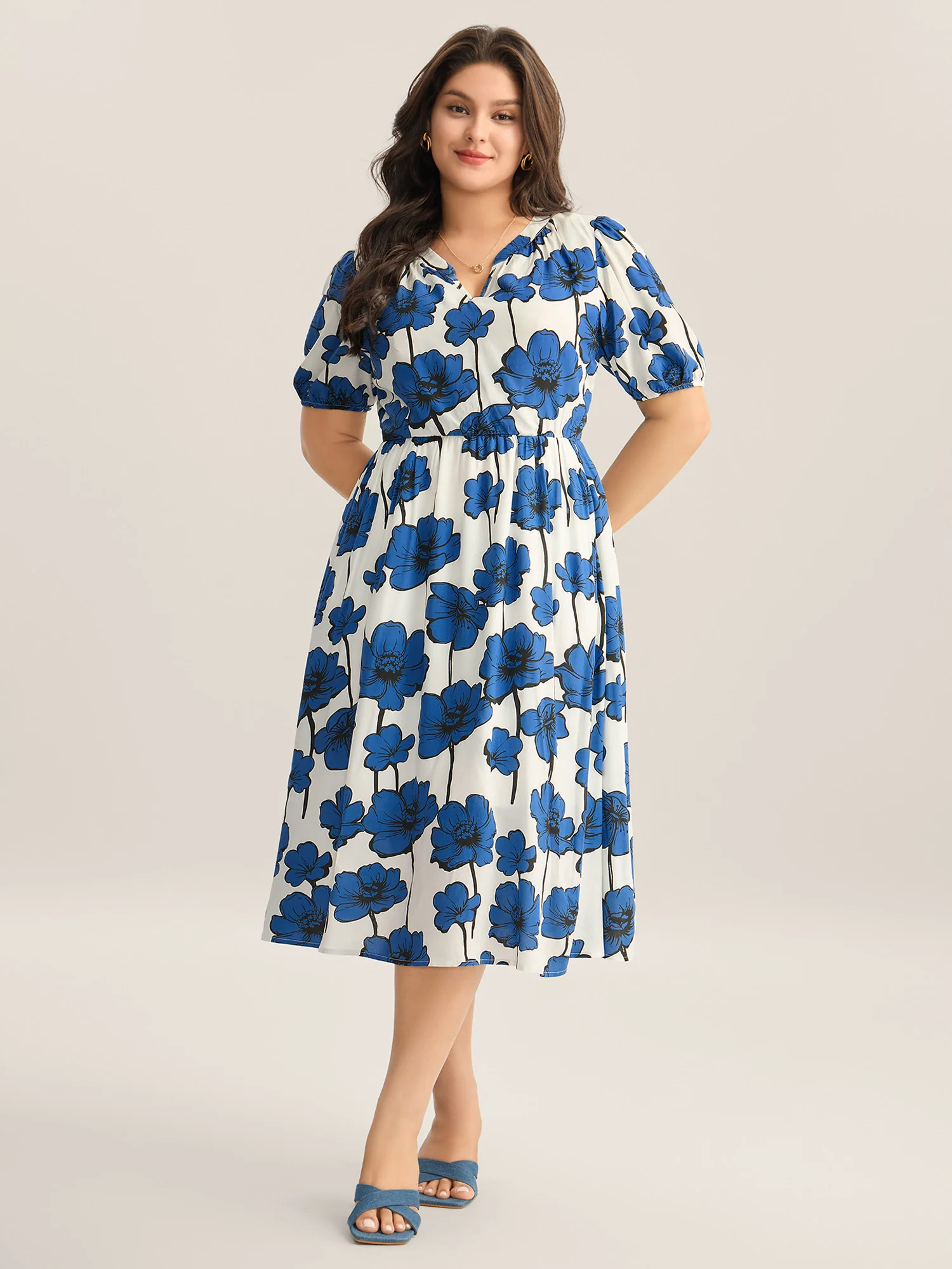 Large Floral Print Notched Collar Midi Dress - Image 3