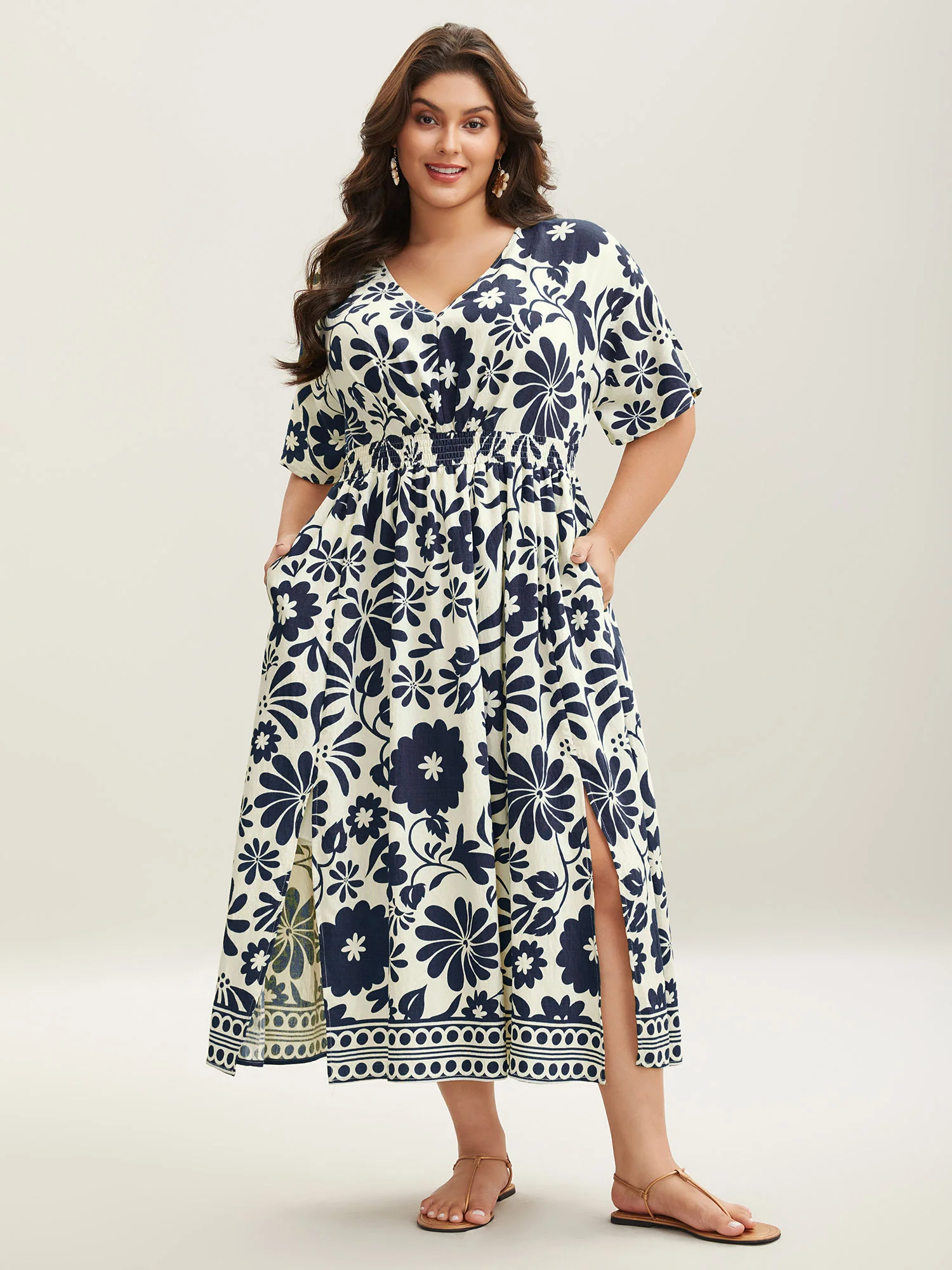 Large Floral Print Pockets Midi Dress - Image 11