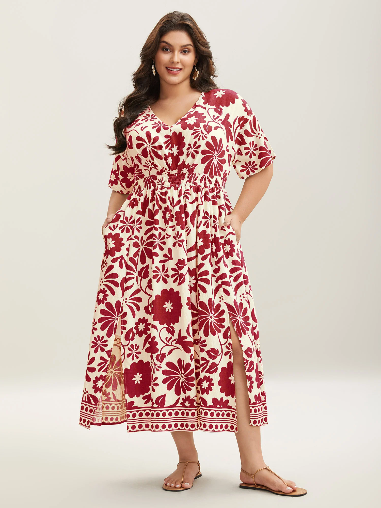 Large Floral Print Pockets Midi Dress - Image 15