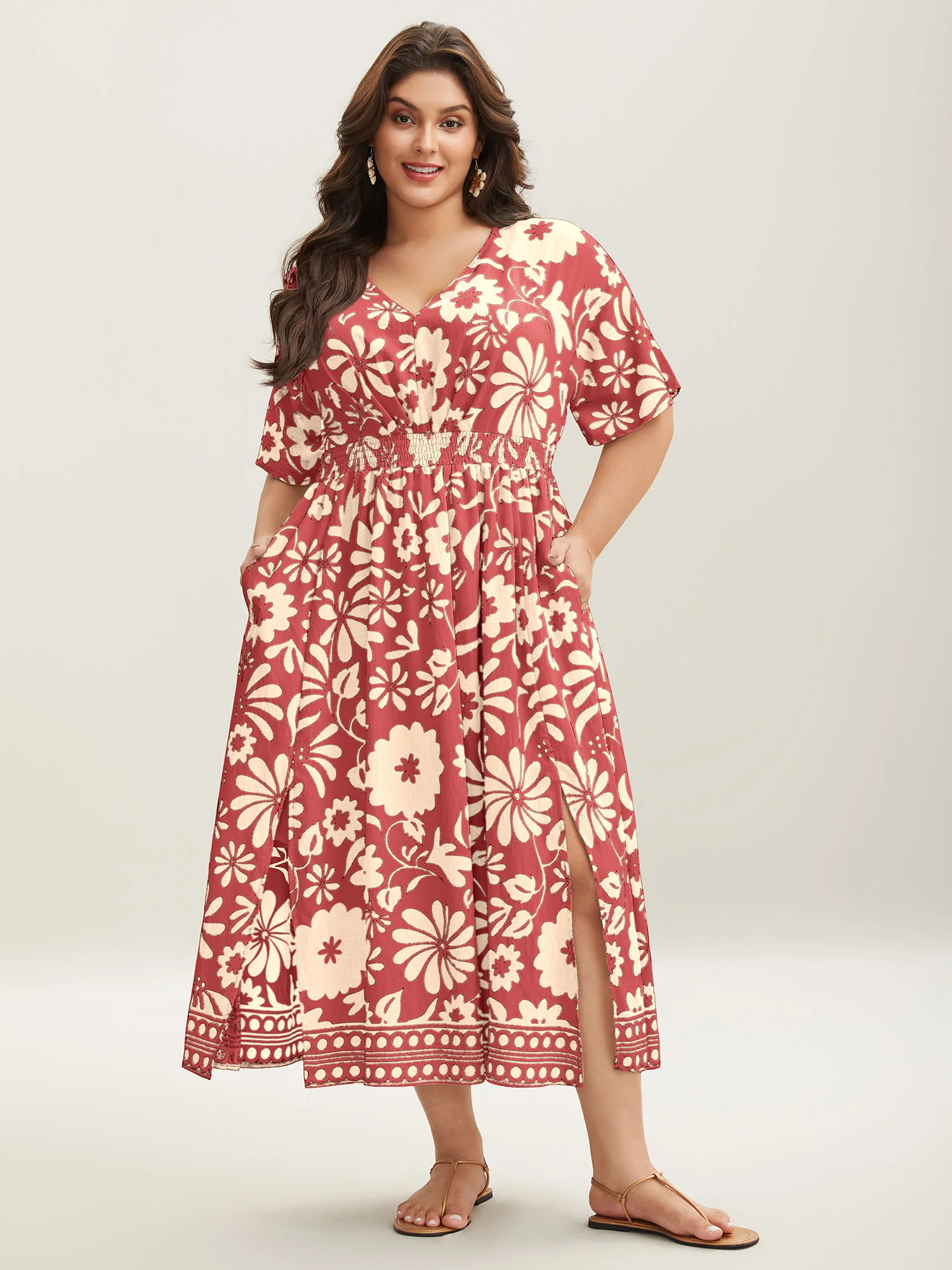 Large Floral Print Pockets Midi Dress - Image 19