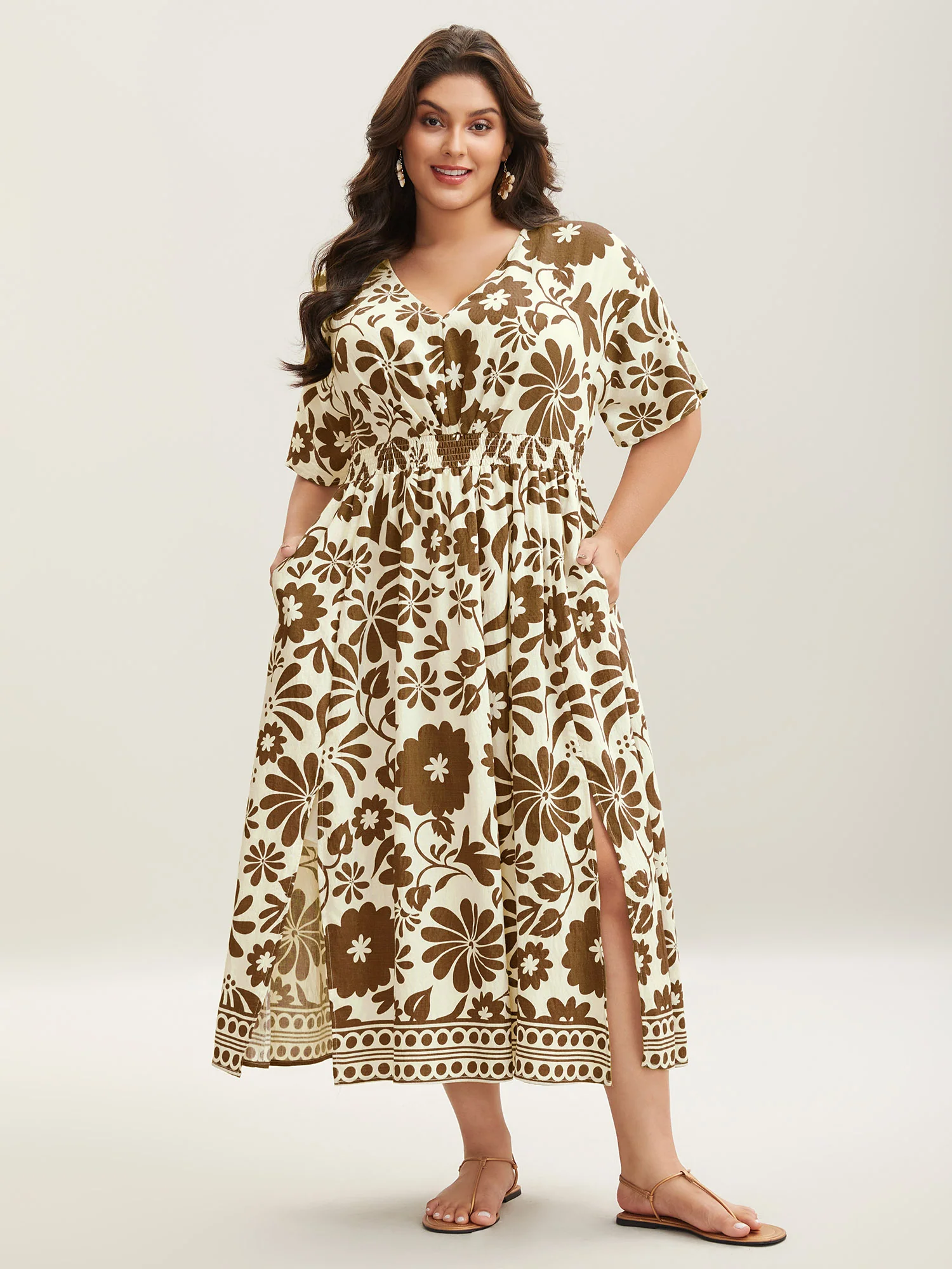 Large Floral Print Pockets Midi Dress - Image 23