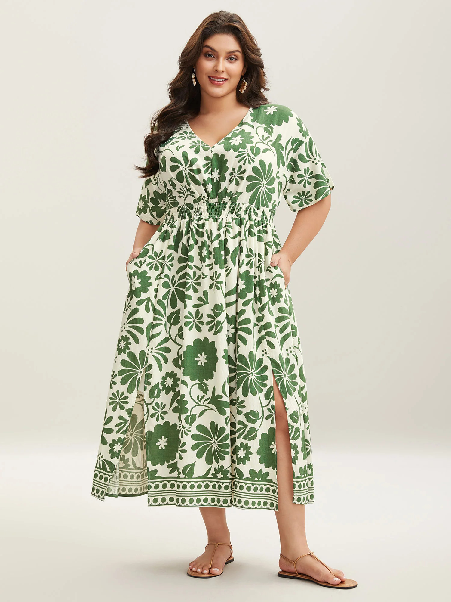Large Floral Print Pockets Midi Dress - Image 4