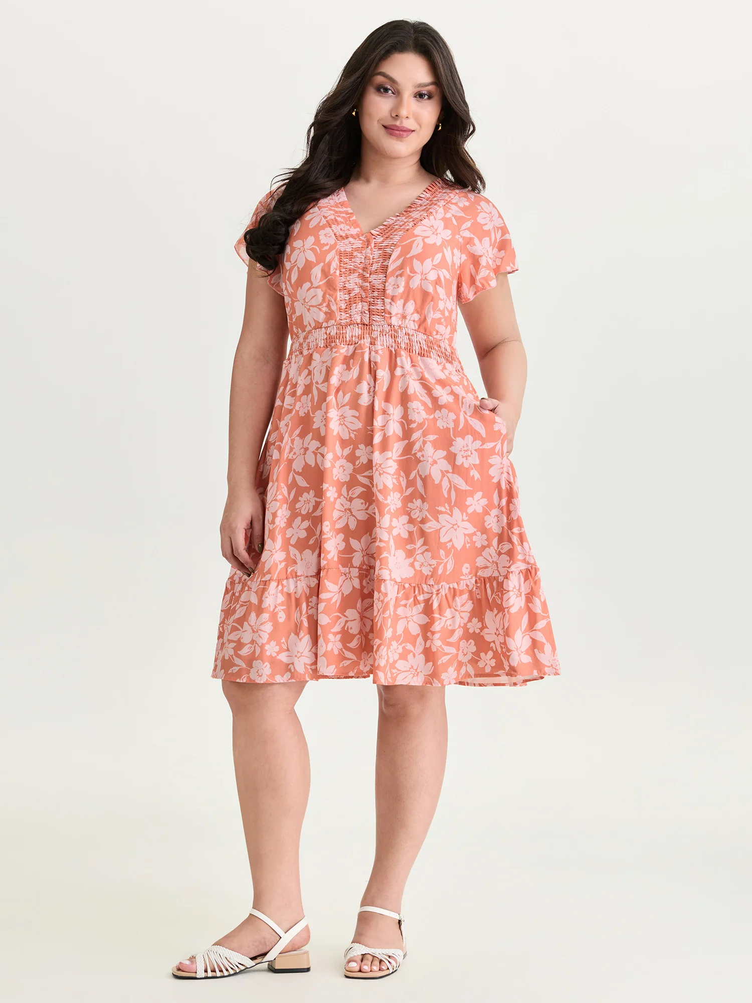 Large Floral Print Shirred Neckline Mini Dress - Image 3