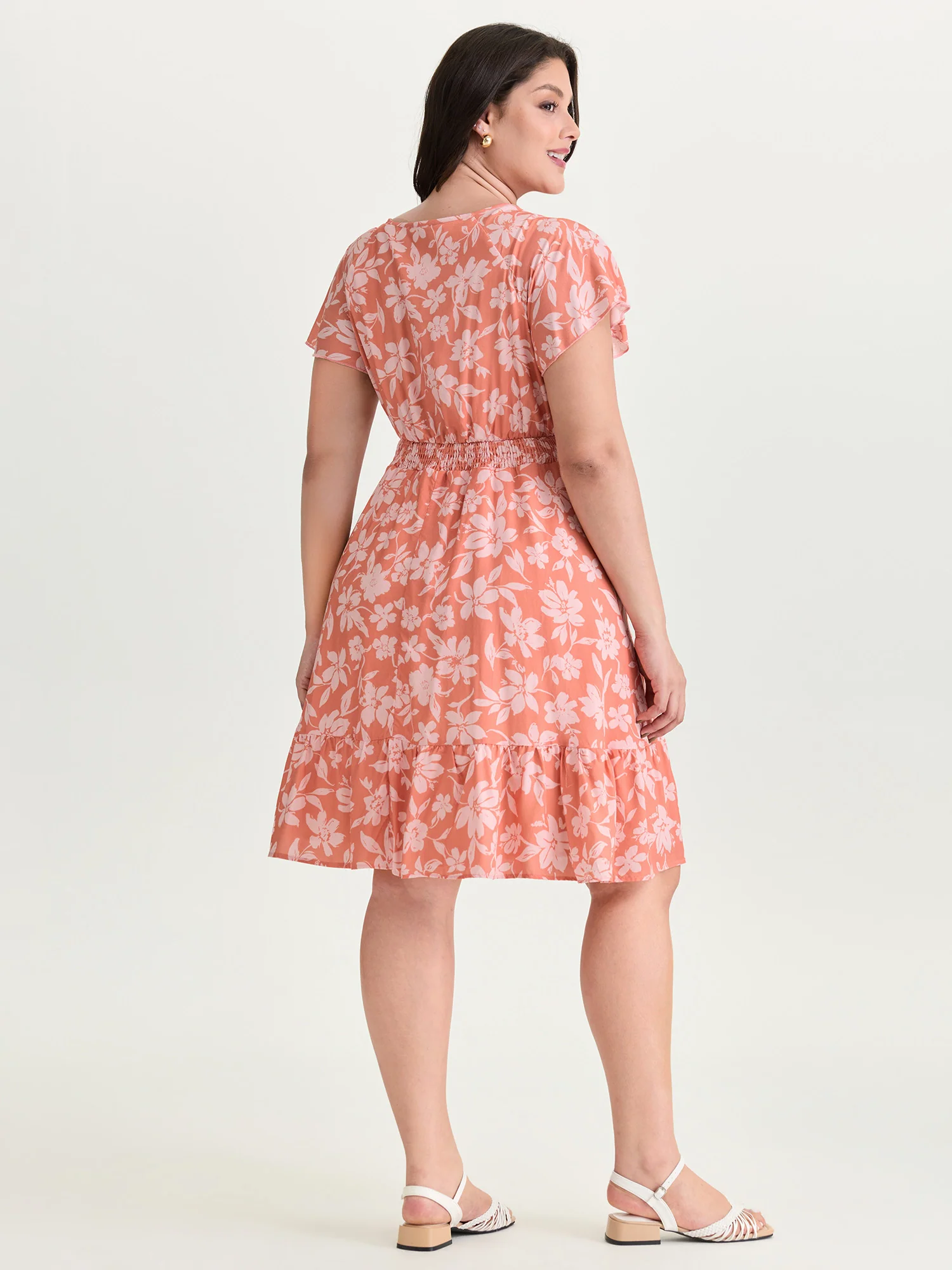 Large Floral Print Shirred Neckline Mini Dress - Image 4