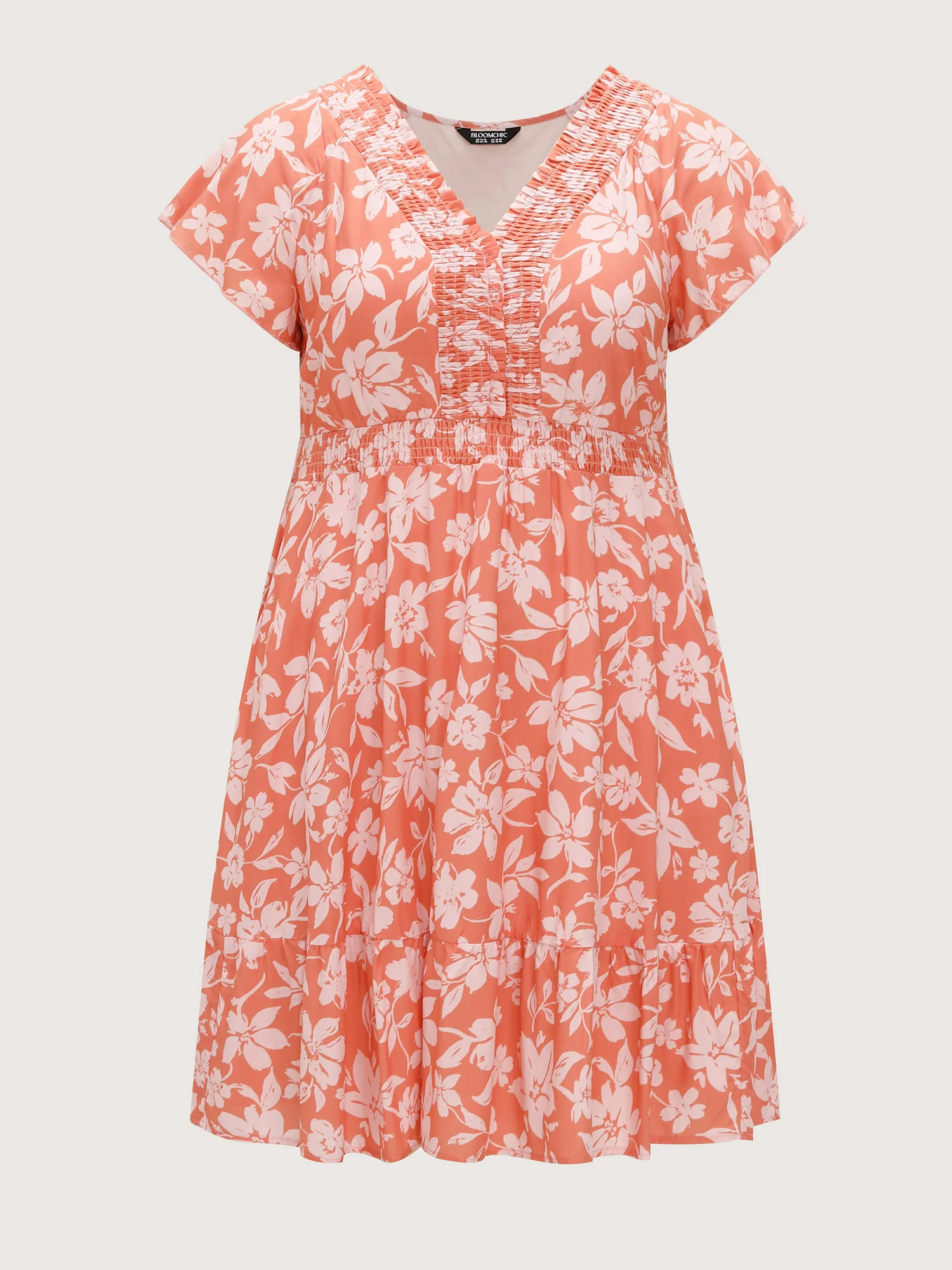 Large Floral Print Shirred Neckline Mini Dress - Image 7