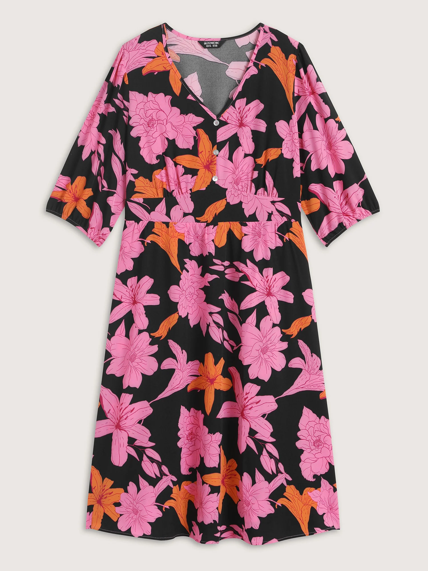 Large Floral Print Shirred Pockets Midi Dress - Image 5