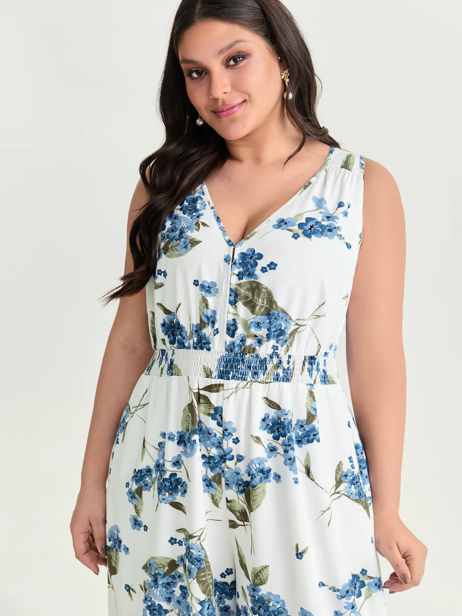Large Floral Print Shirred Waist Jumpsuit - Image 2