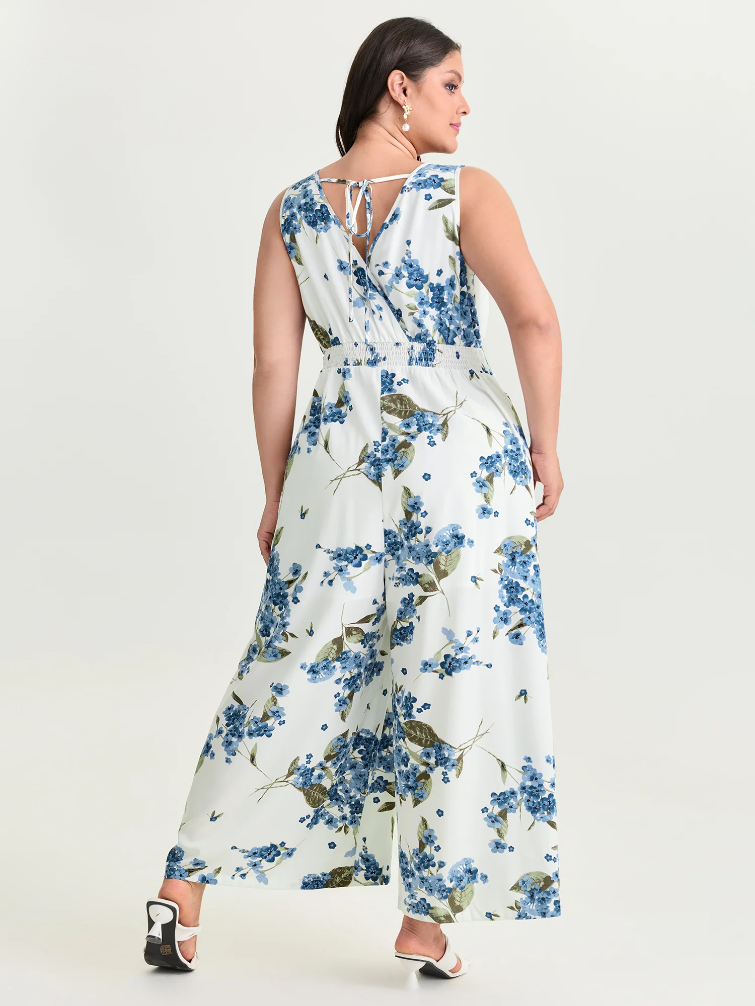 Large Floral Print Shirred Waist Jumpsuit - Image 3