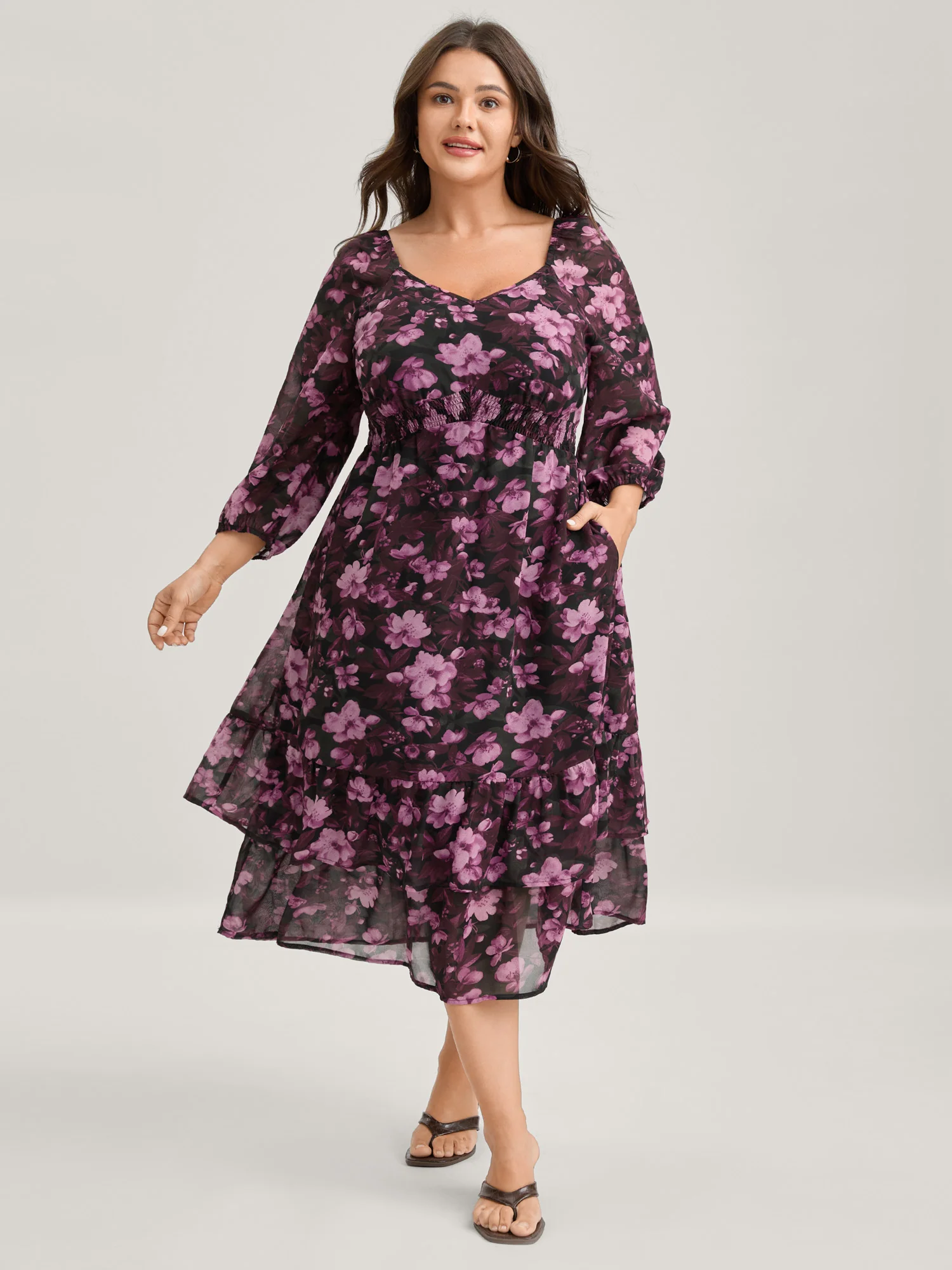 Large Floral Print Shirred Waist Midi Dress - Image 2
