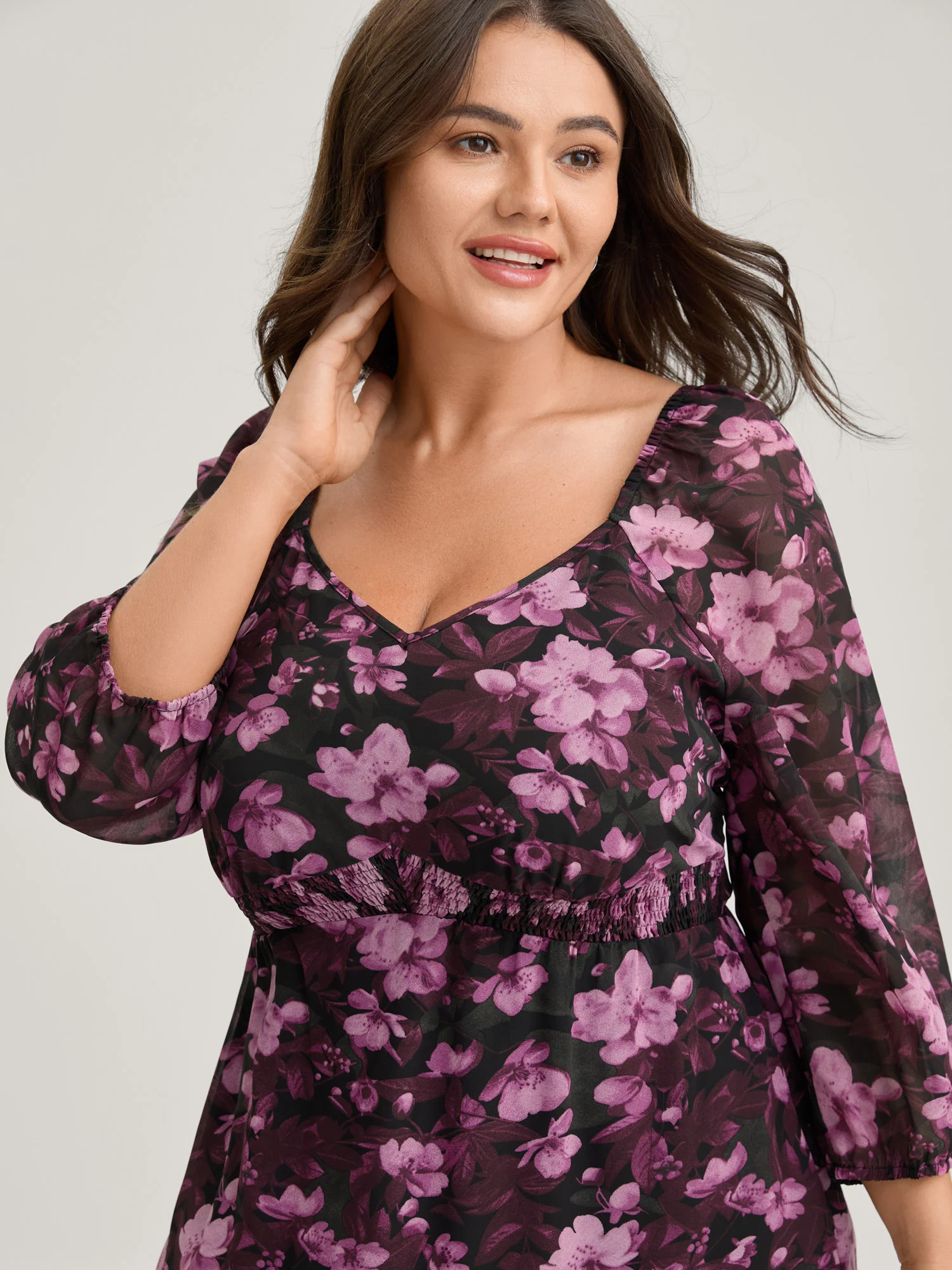 Large Floral Print Shirred Waist Midi Dress - Image 3
