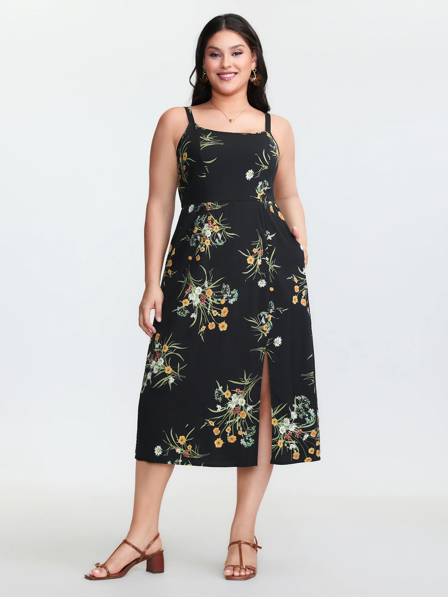 Large Floral Print Slit Shirred Midi Dress - Image 3