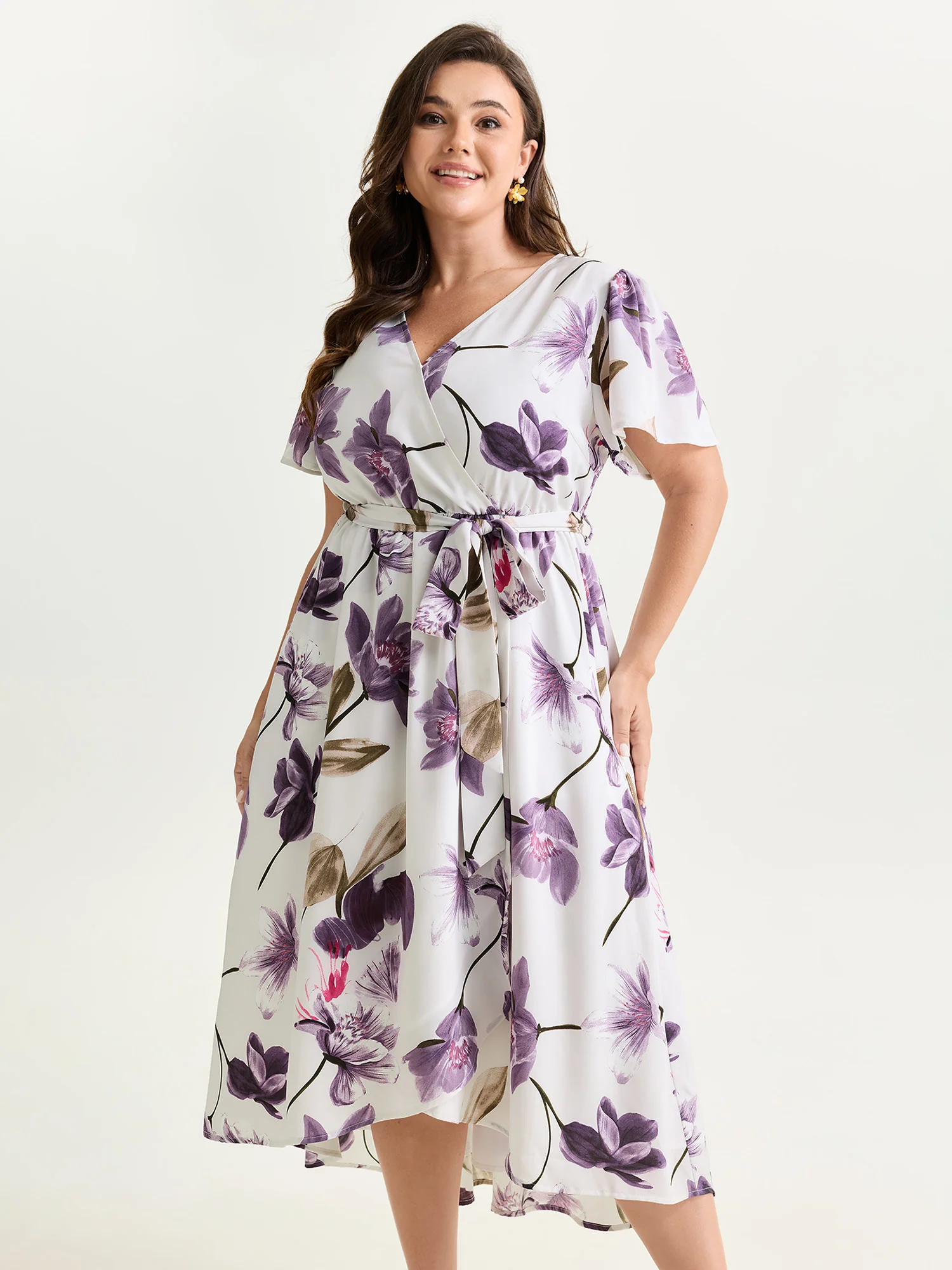 Large Floral Print Waist-Defining Midi Dress - Image 3
