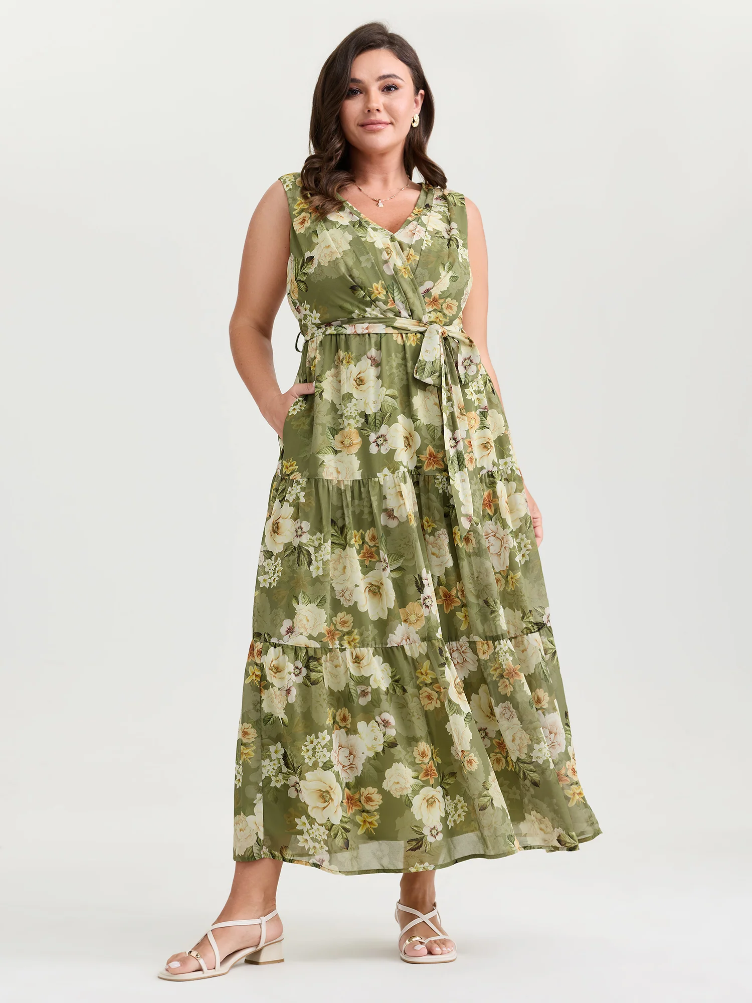 Large Floral Print Waist-Tie Tiered Maxi Dress - Image 3