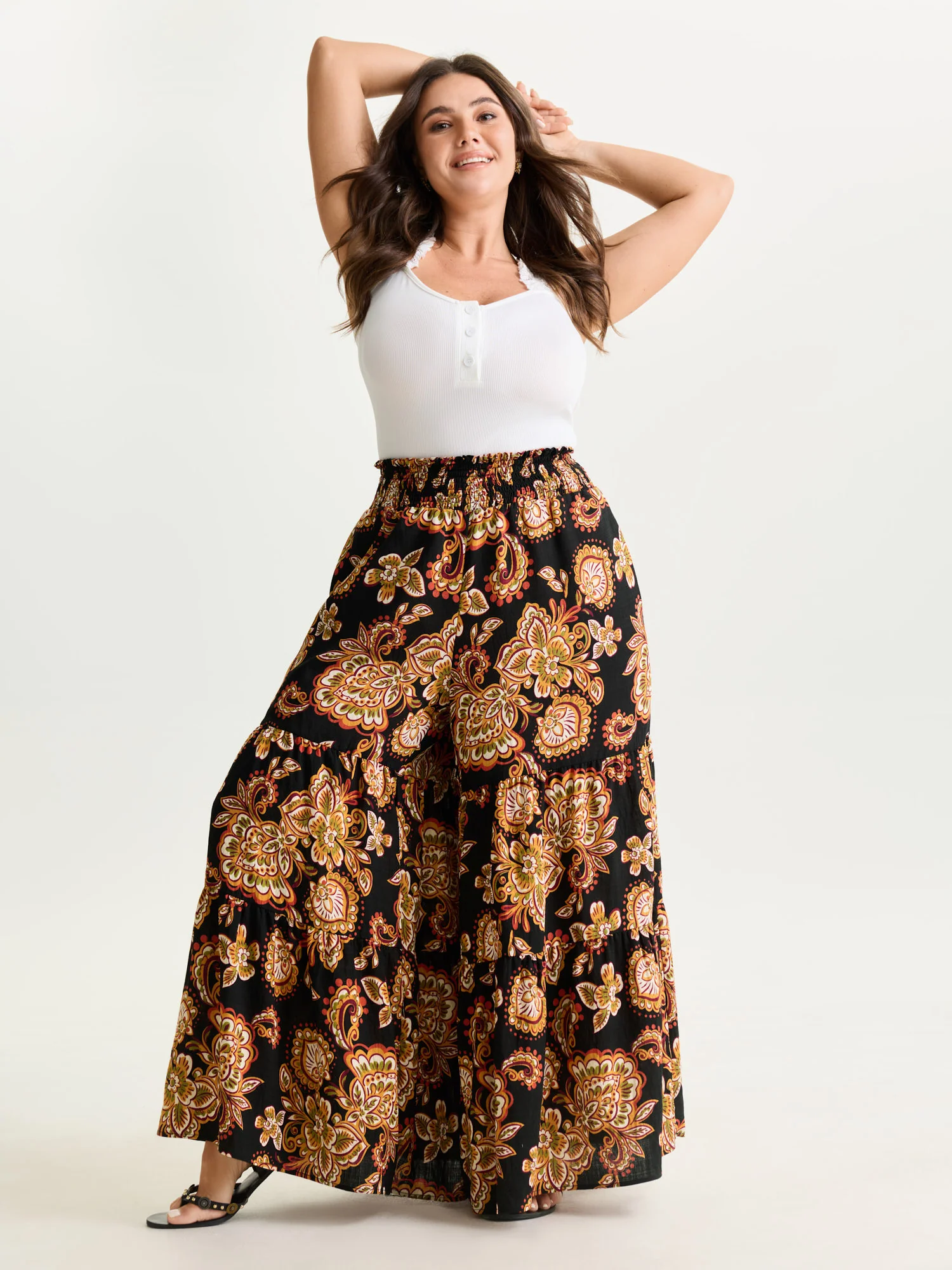 Large Floral Print Wide Shirred Waistband Pants - Image 10