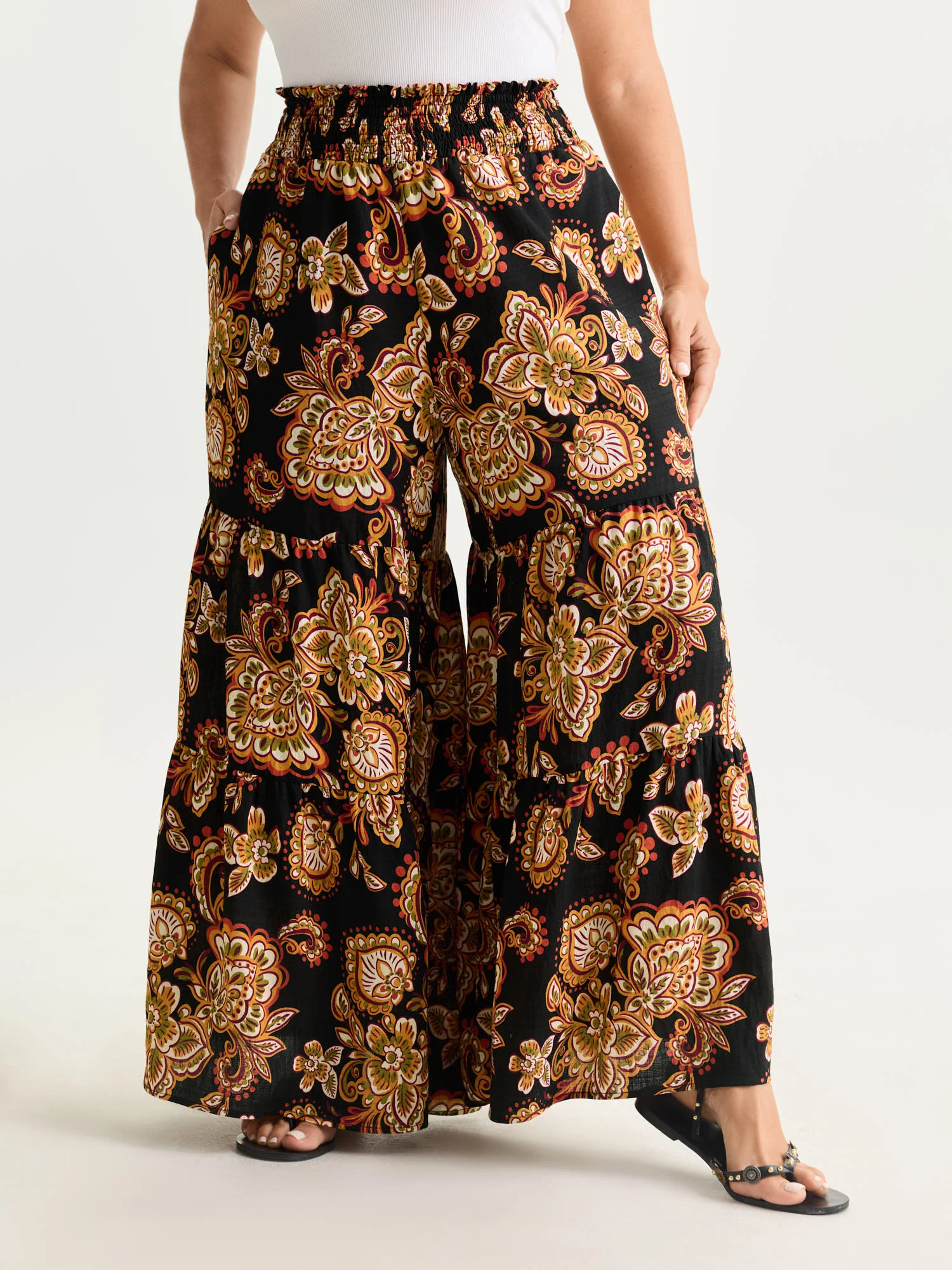 Large Floral Print Wide Shirred Waistband Pants - Image 11