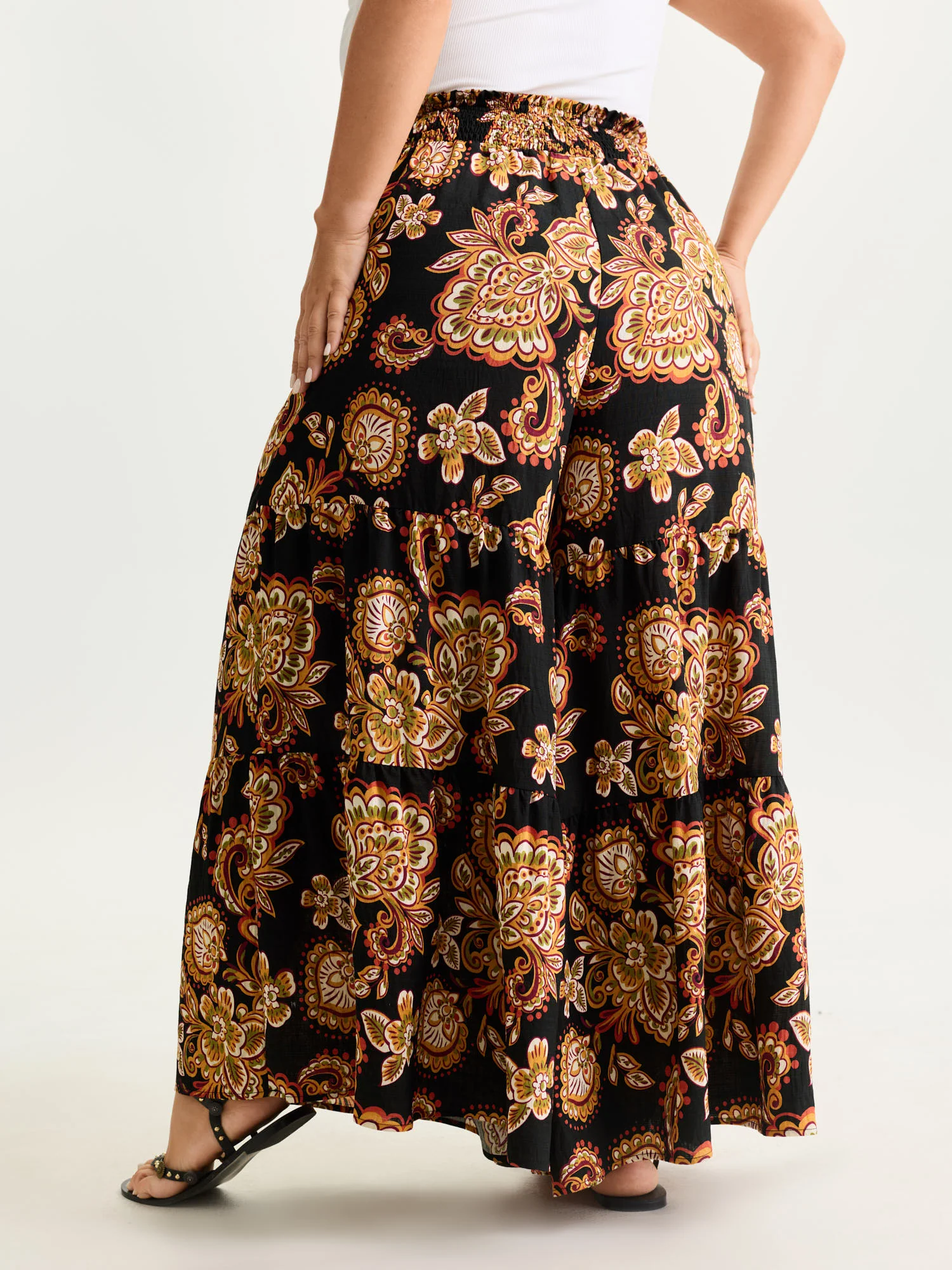 Large Floral Print Wide Shirred Waistband Pants - Image 14