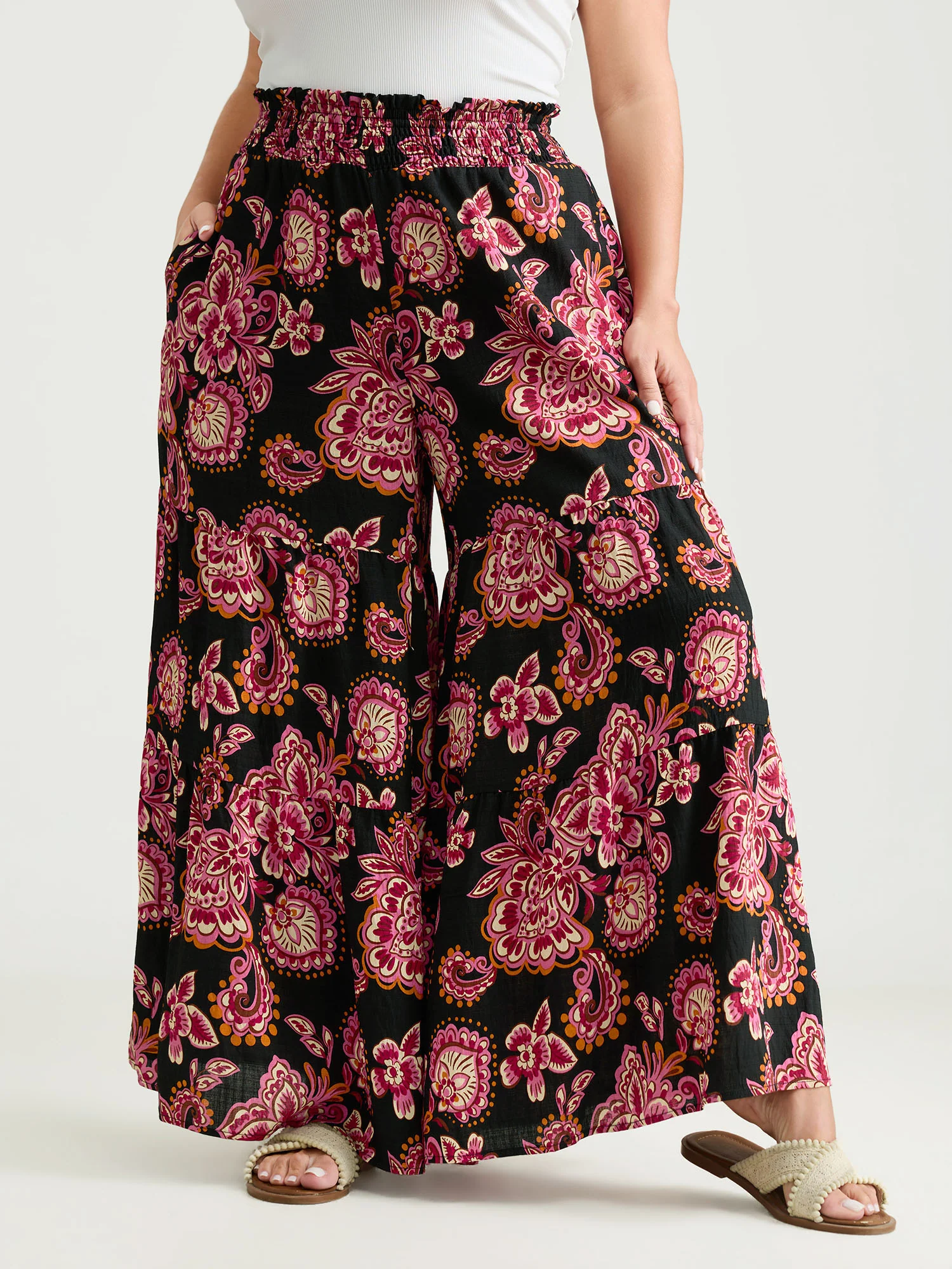 Large Floral Print Wide Shirred Waistband Pants - Image 5
