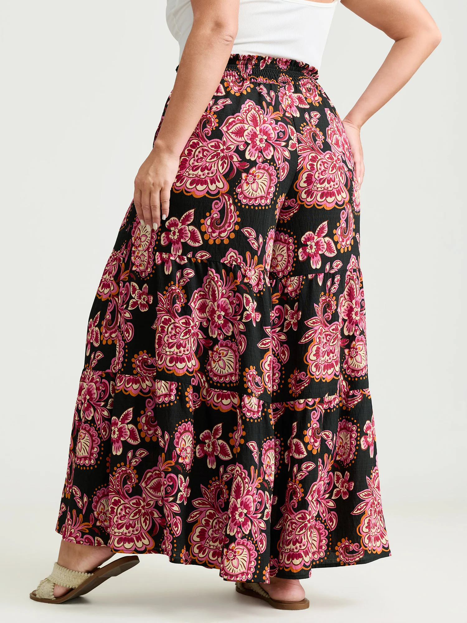 Large Floral Print Wide Shirred Waistband Pants - Image 6