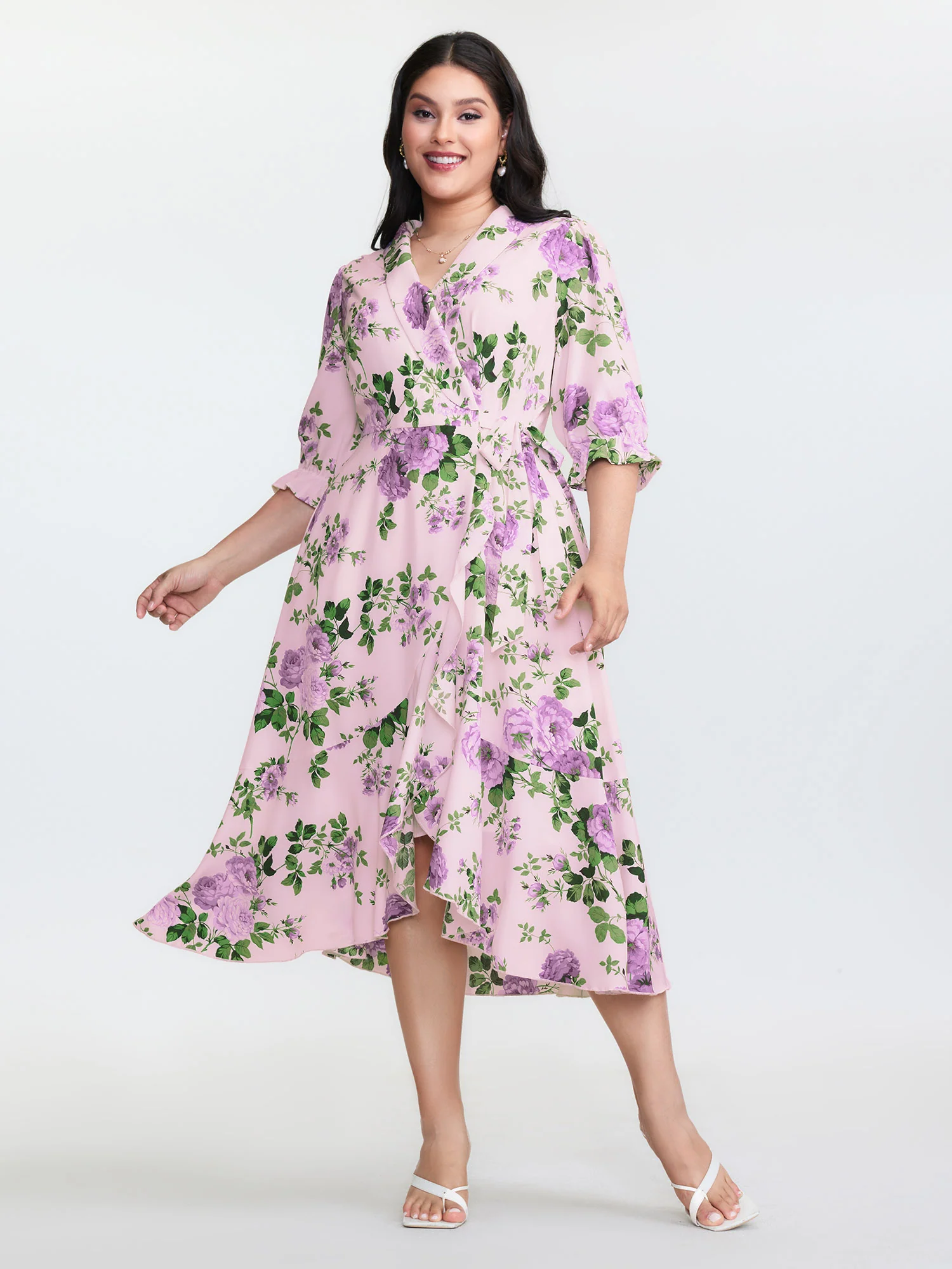 Large Floral Print Wrap Pockets Midi Dress - Image 10