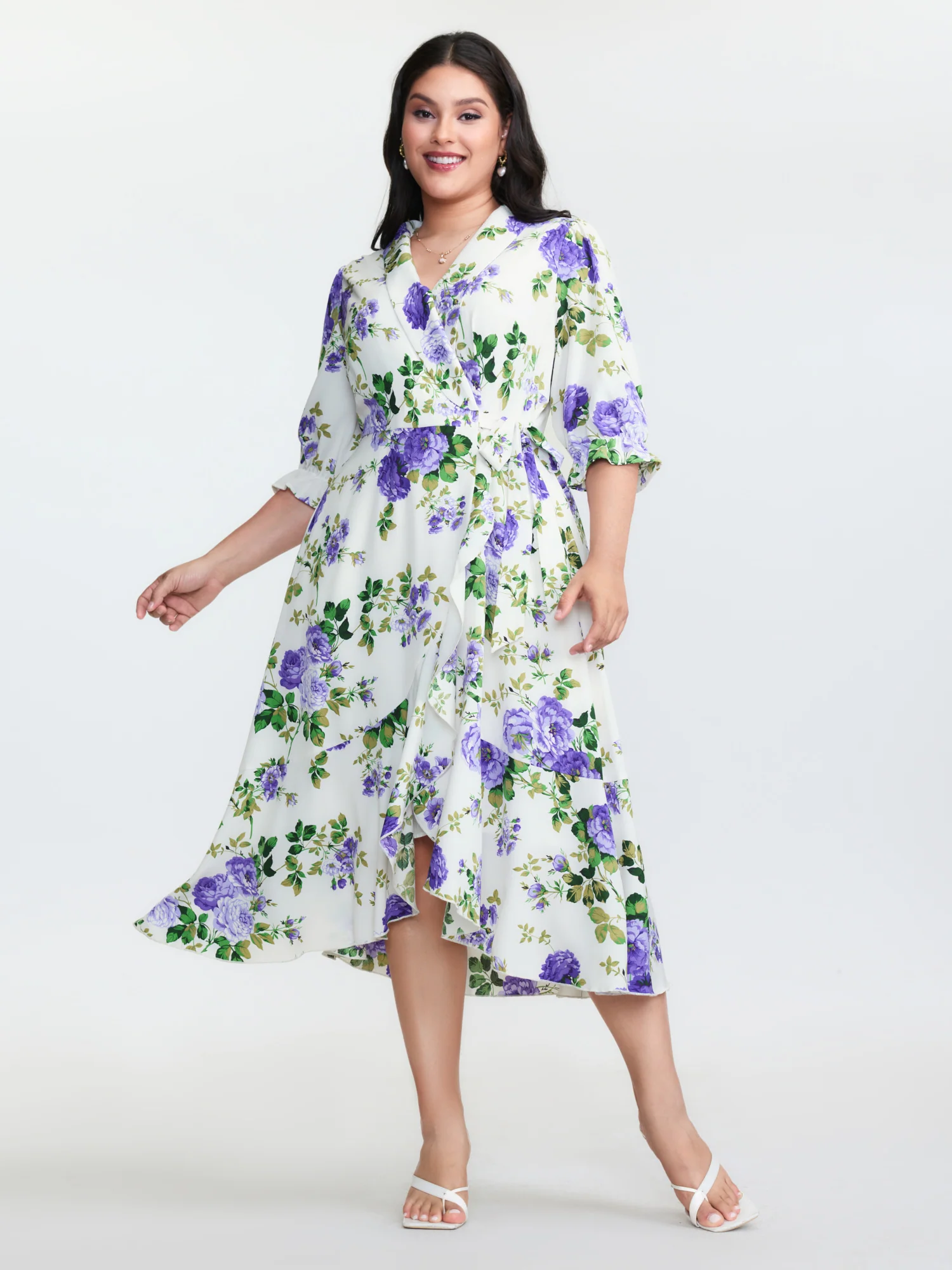Large Floral Print Wrap Pockets Midi Dress - Image 3