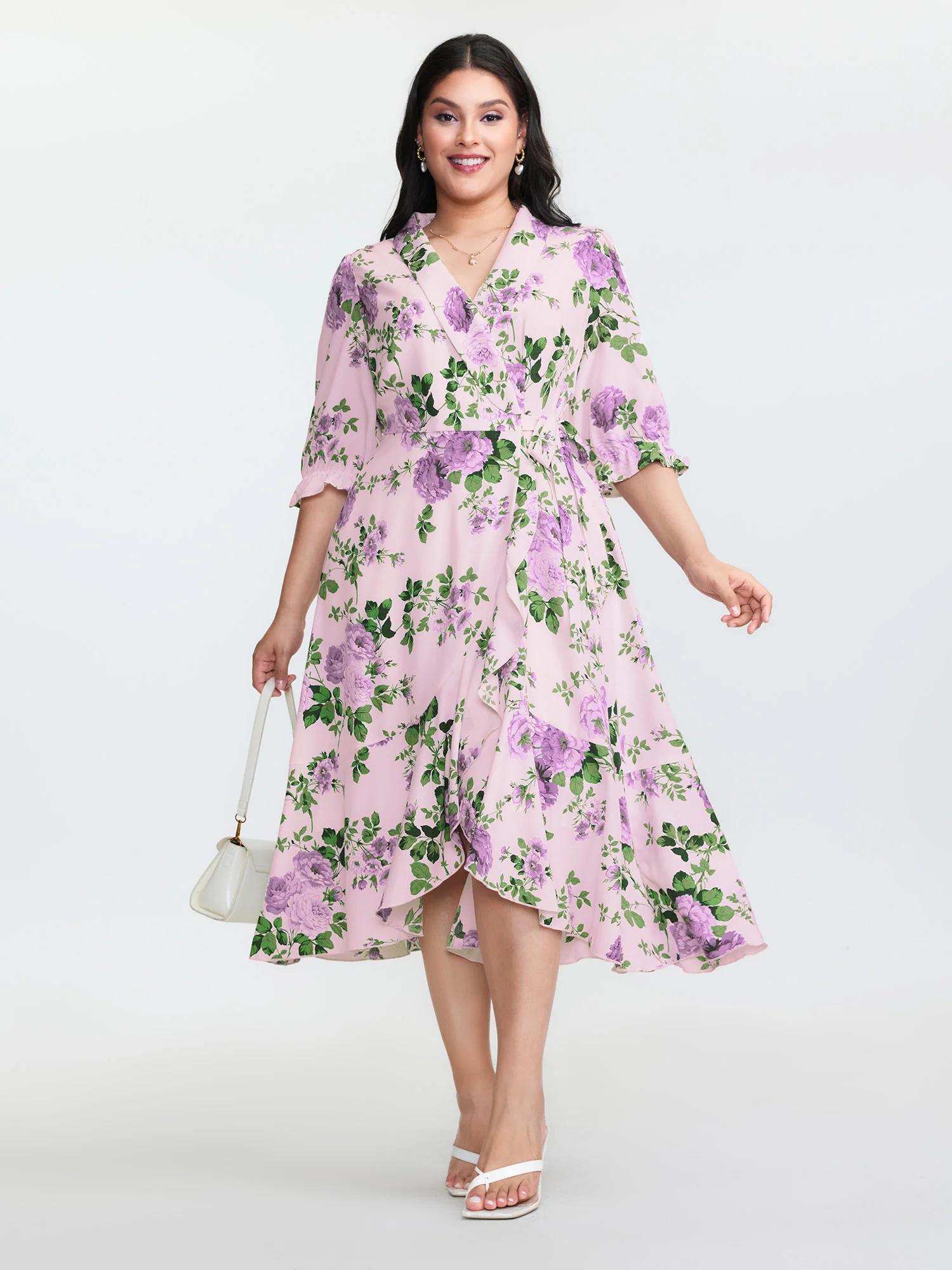 Large Floral Print Wrap Pockets Midi Dress - Image 8