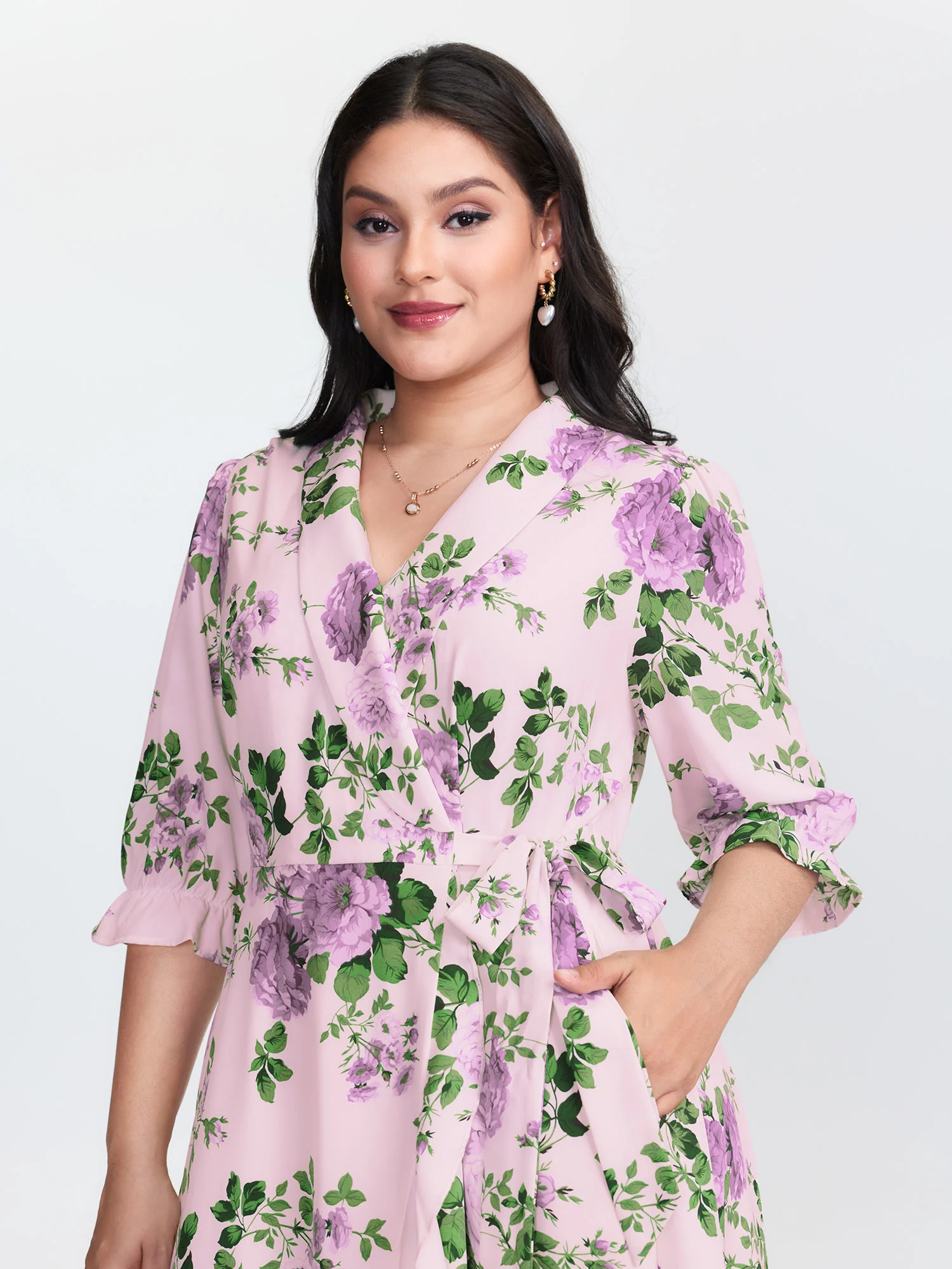 Large Floral Print Wrap Pockets Midi Dress - Image 9