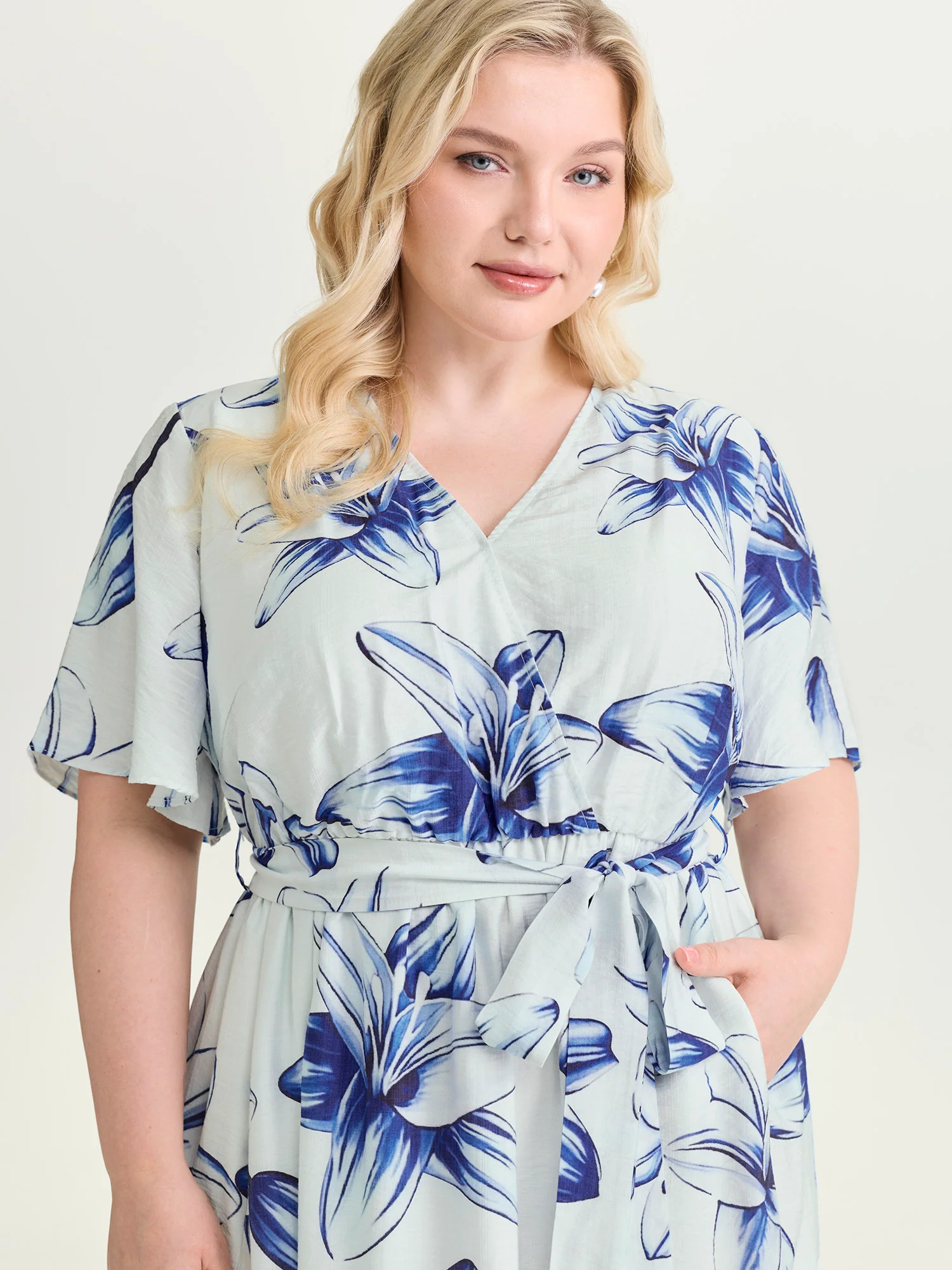 Large Floral Print Wrap Ruffled Hem Midi Dress - Image 2