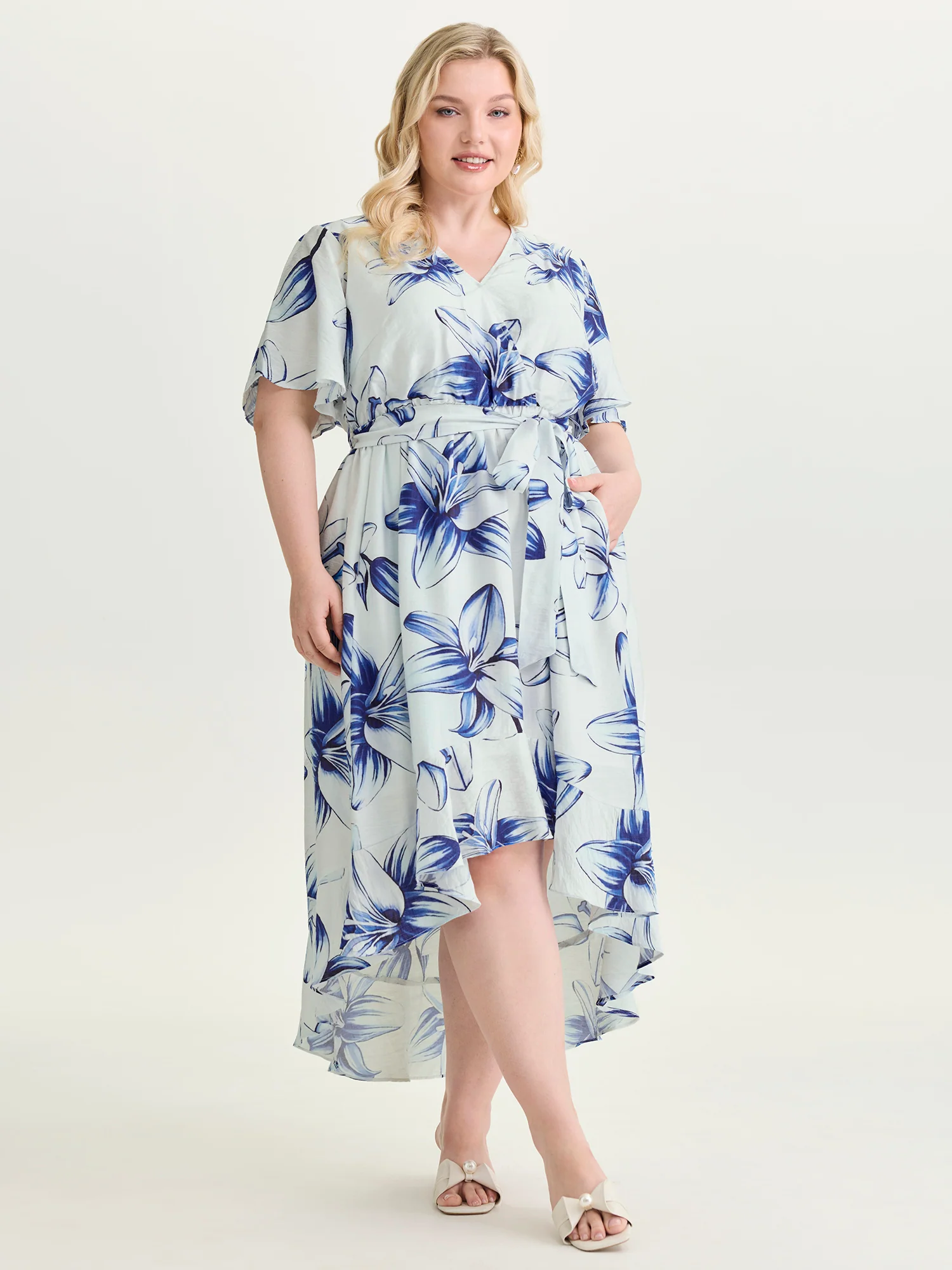 Large Floral Print Wrap Ruffled Hem Midi Dress - Image 3