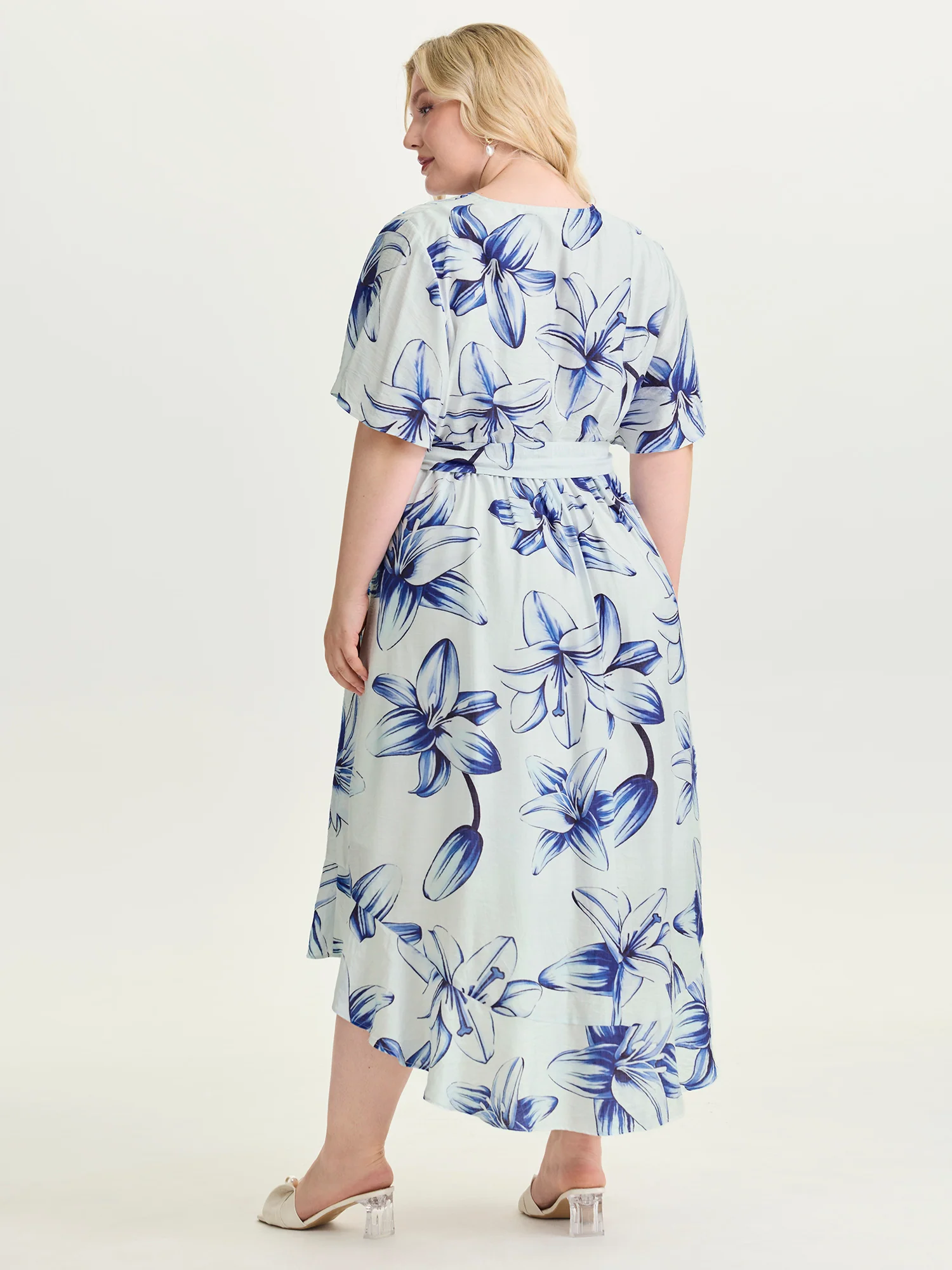 Large Floral Print Wrap Ruffled Hem Midi Dress - Image 4