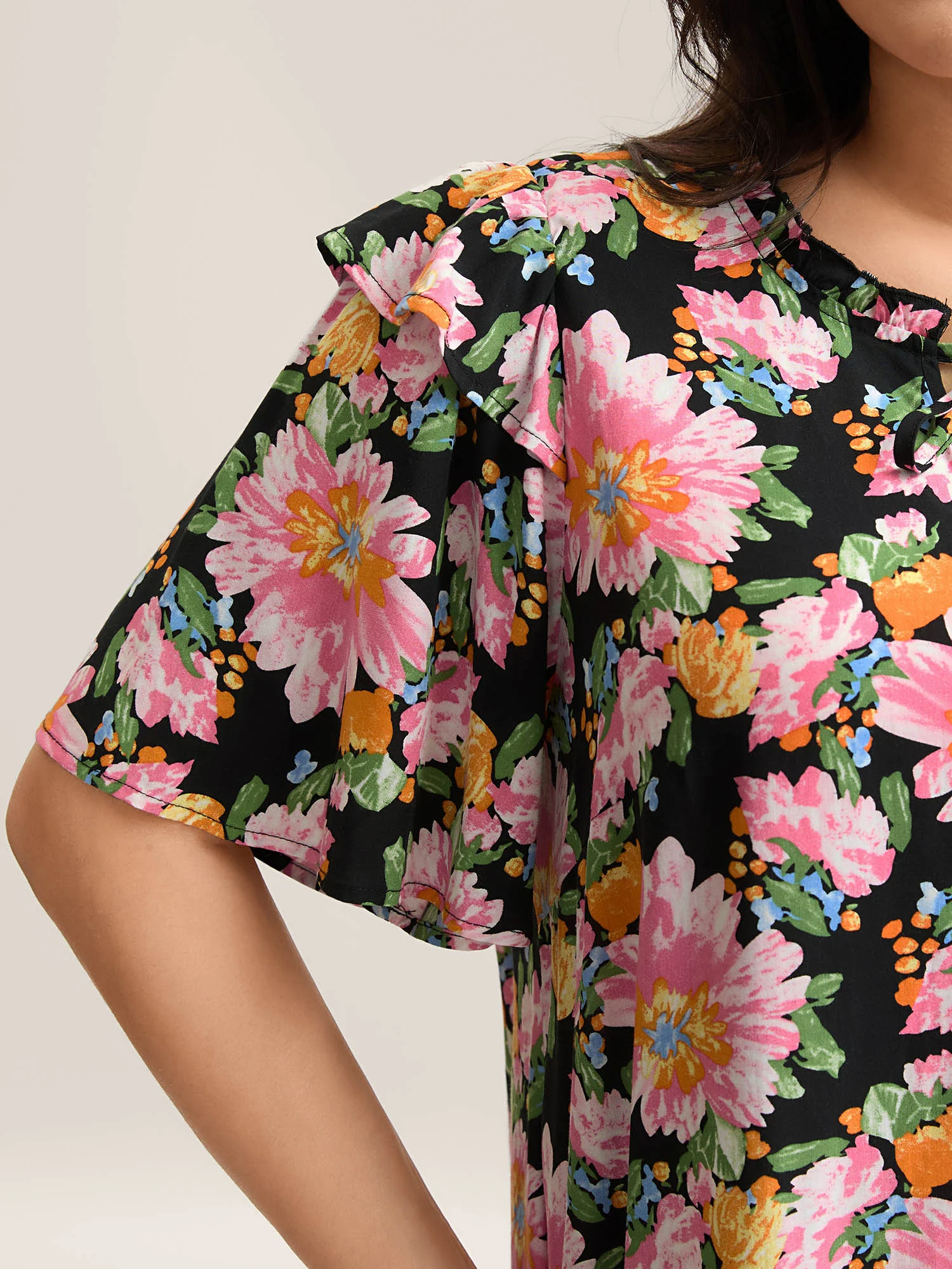 Large Flower Print Layered Sleeve Shirt - Image 2