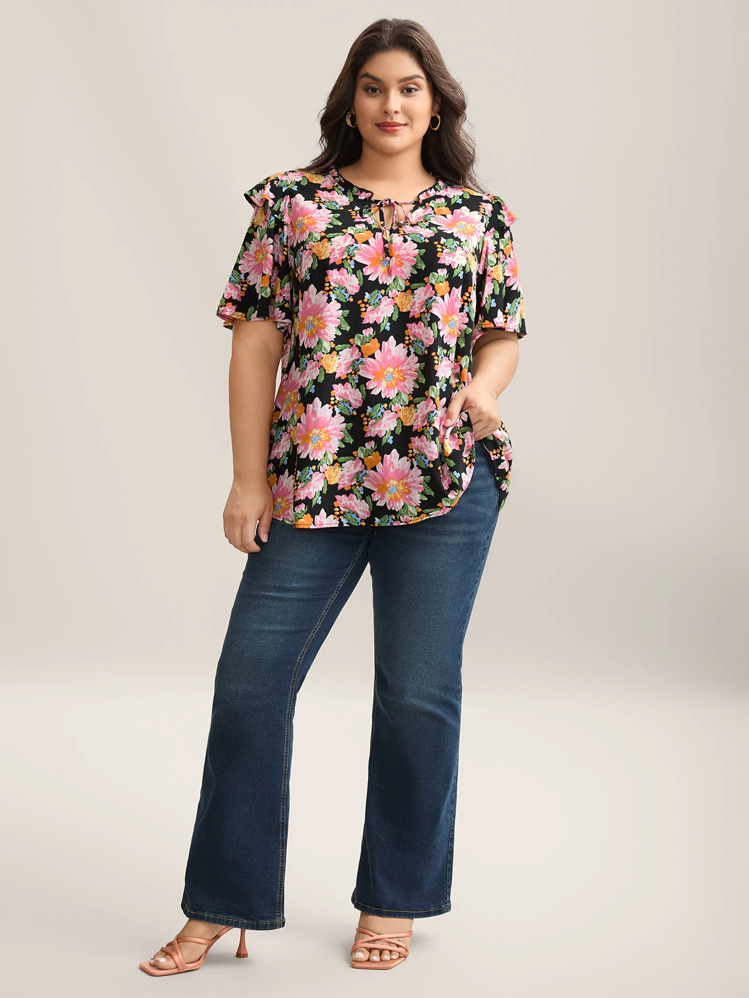 Large Flower Print Layered Sleeve Shirt - Image 3