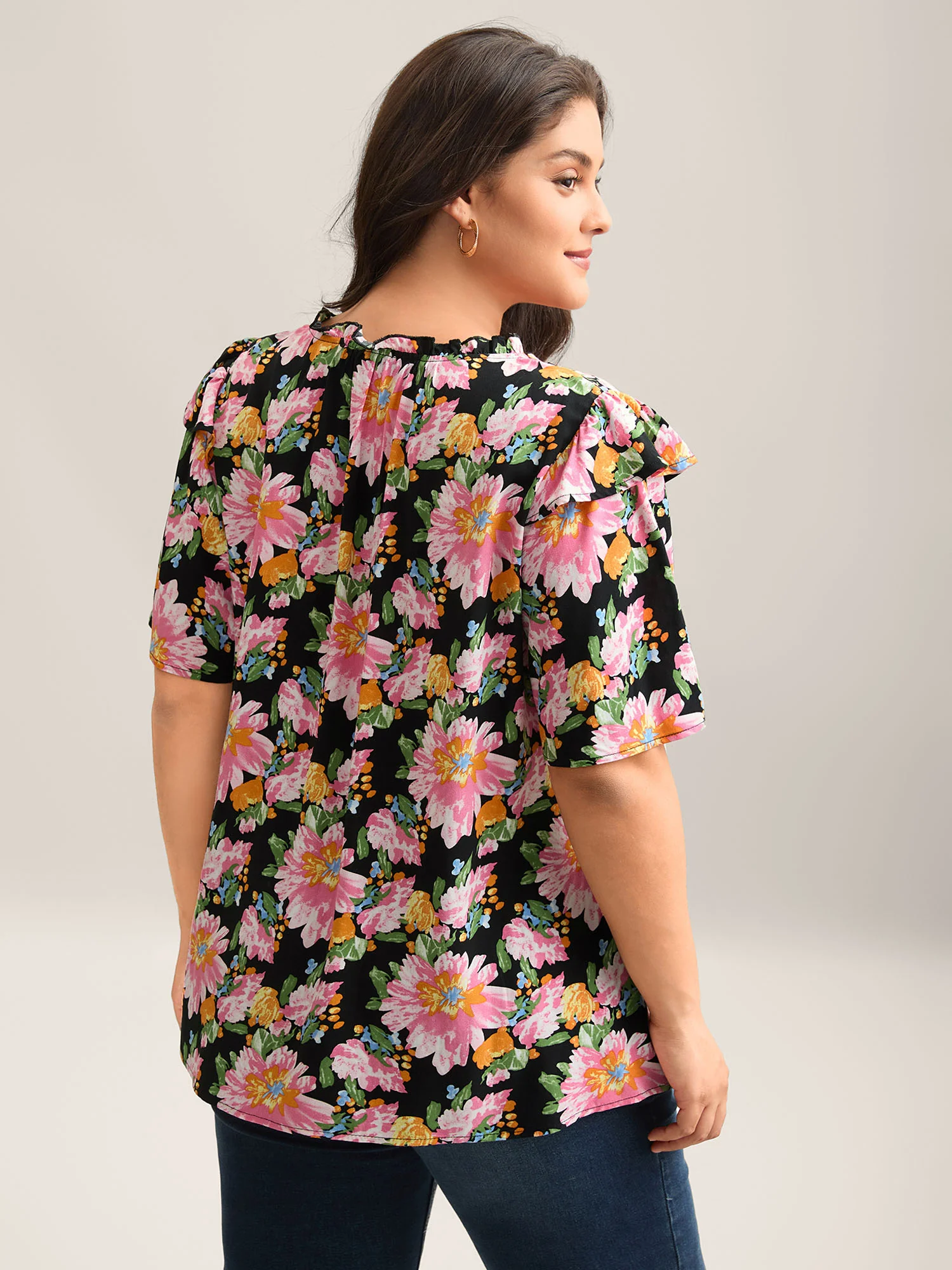 Large Flower Print Layered Sleeve Shirt - Image 4