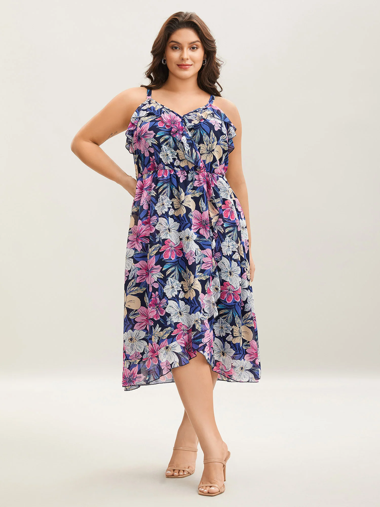 Large Flower Print Overlap Hem Midi Dress - Image 3
